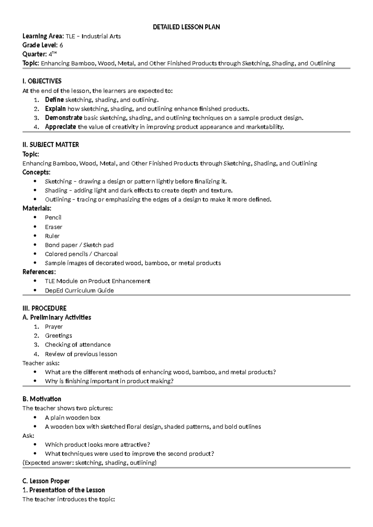 DETAILED LESSON PLAN: Enhancing Products through Sketching & Shading ...