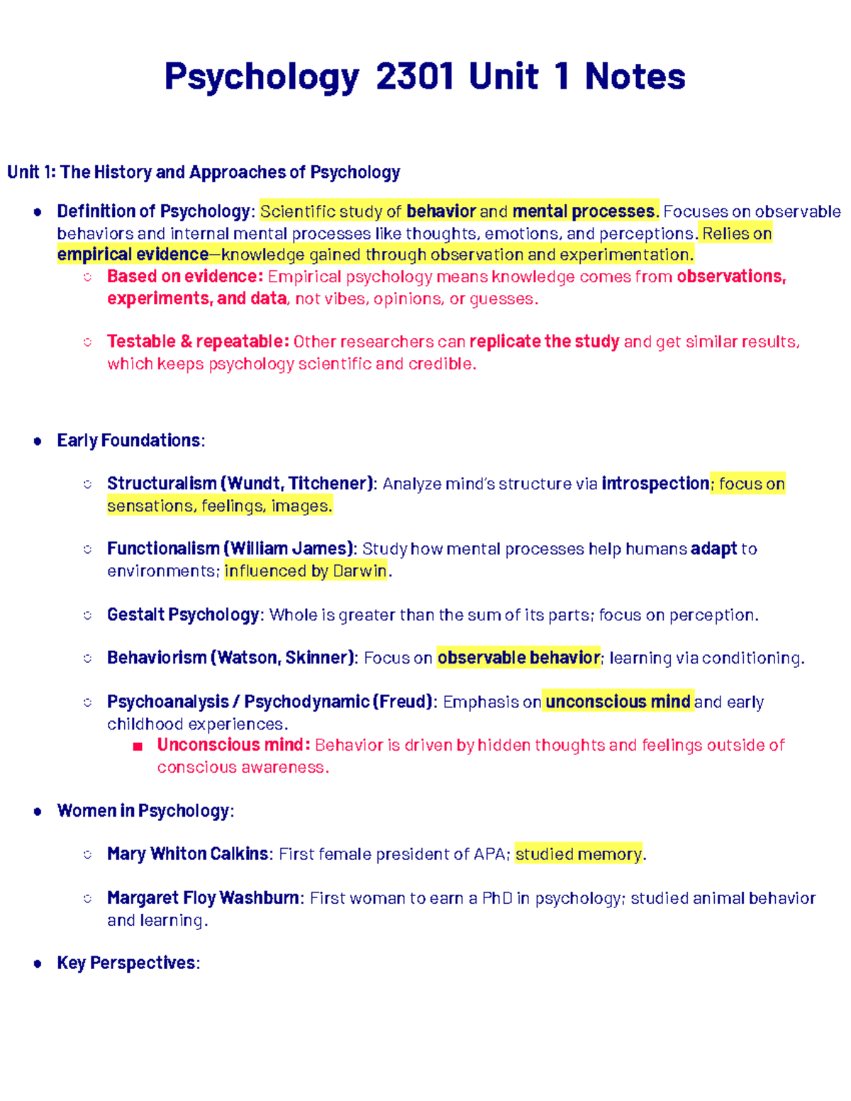Psychology 2301 Unit 1: History and Approaches Overview Notes - Studocu