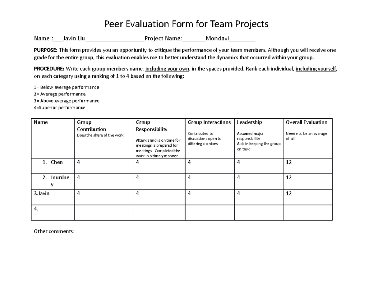 Peer Evaluation Form. Word - Although you will receive one grade for ...