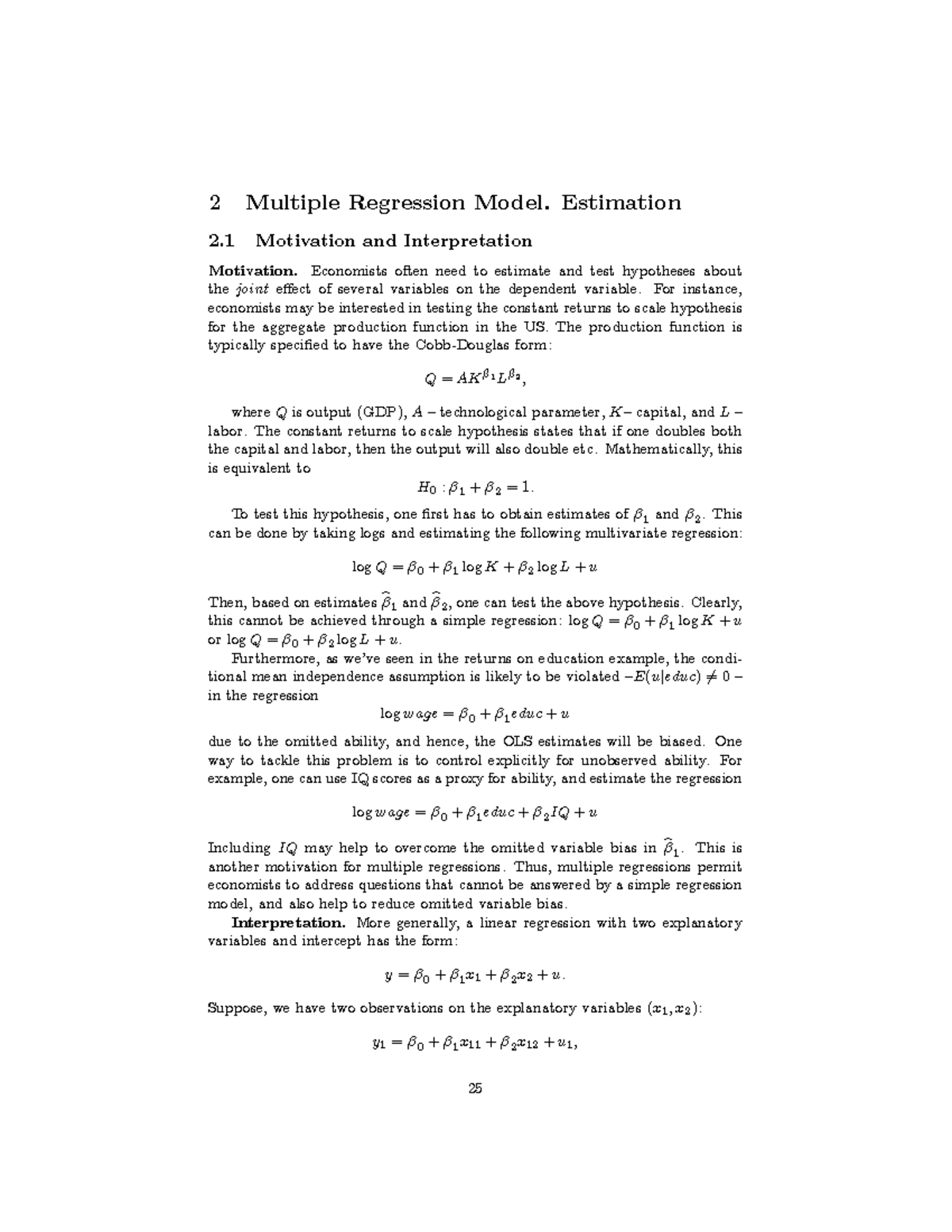 Lecture 4 - 2 Multiple Regression Model. Estimation 2 Motivation and ...