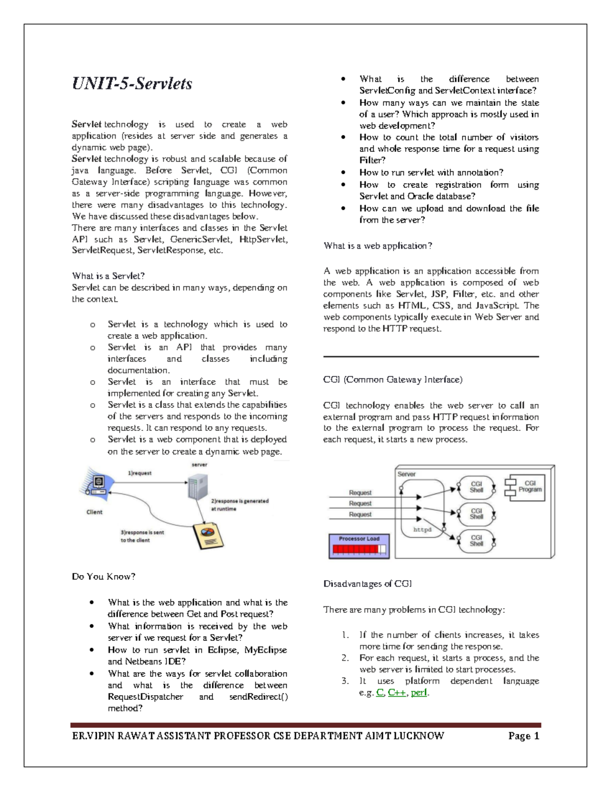 Webtech UNIT-5 - UNIT-5 - UNIT- 5 - Servlets Servlet technology is used ...