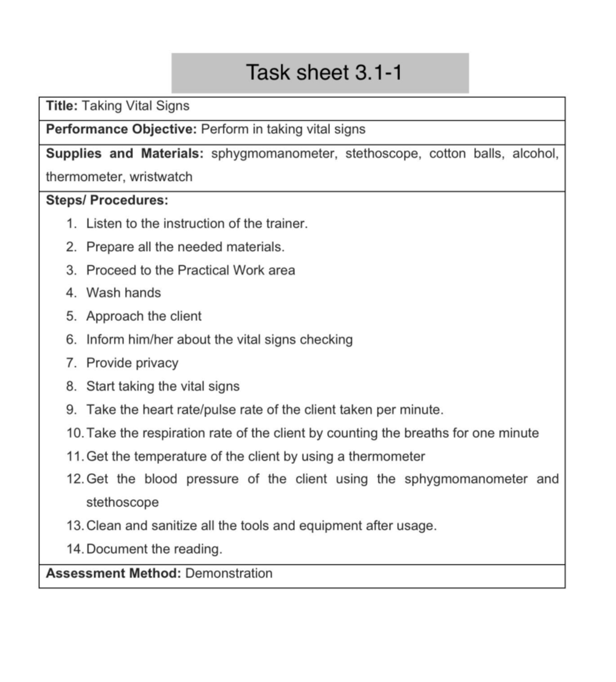 Finals (Sample Task Sheet) - Task sheet Title: Taking Vital Signs ...