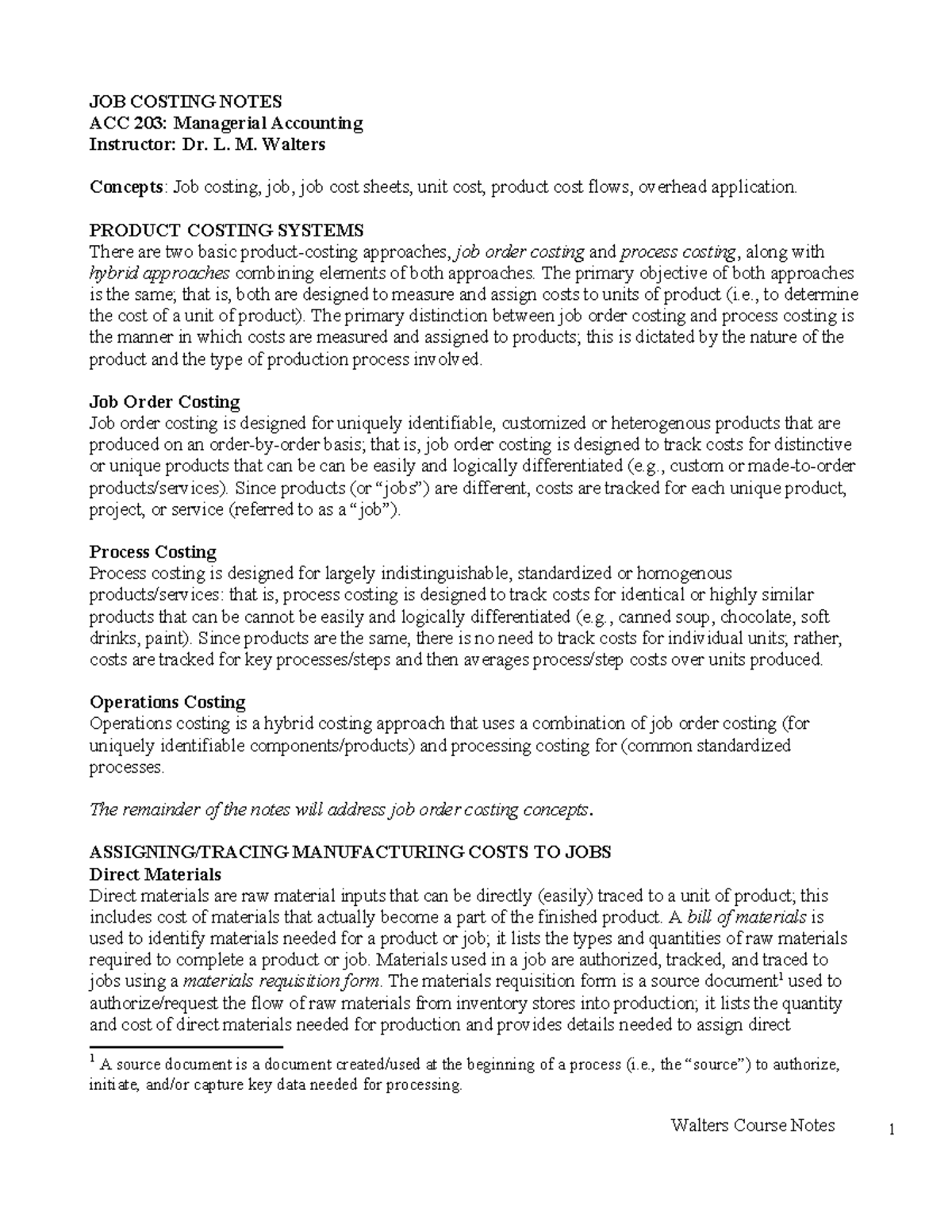 Job Costing and Overhead Application Notes for ACC 203 - Studocu
