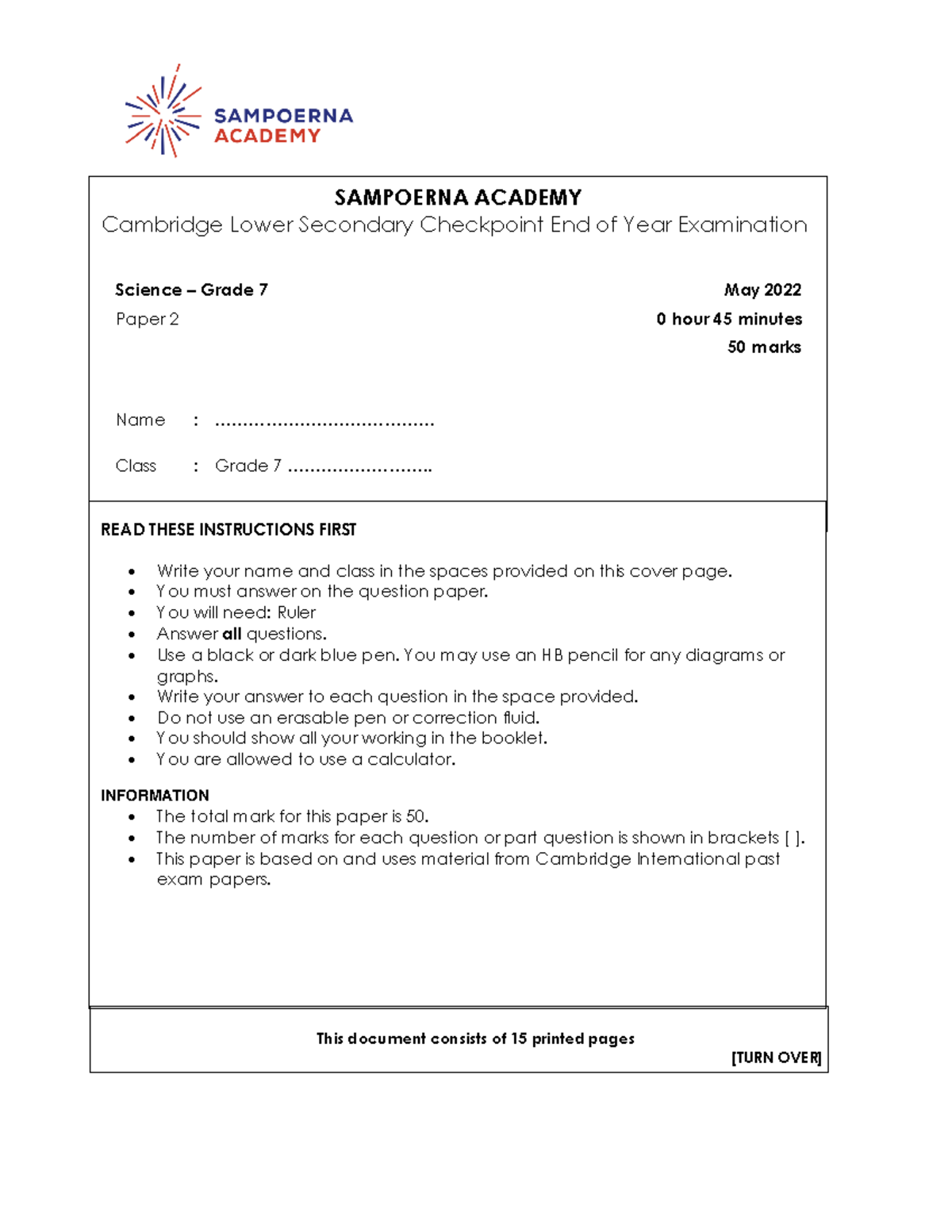 SAMPOERNA ACADEMY Cambridge Lower Secondary EOY Exam Science G7 Paper 2 ...