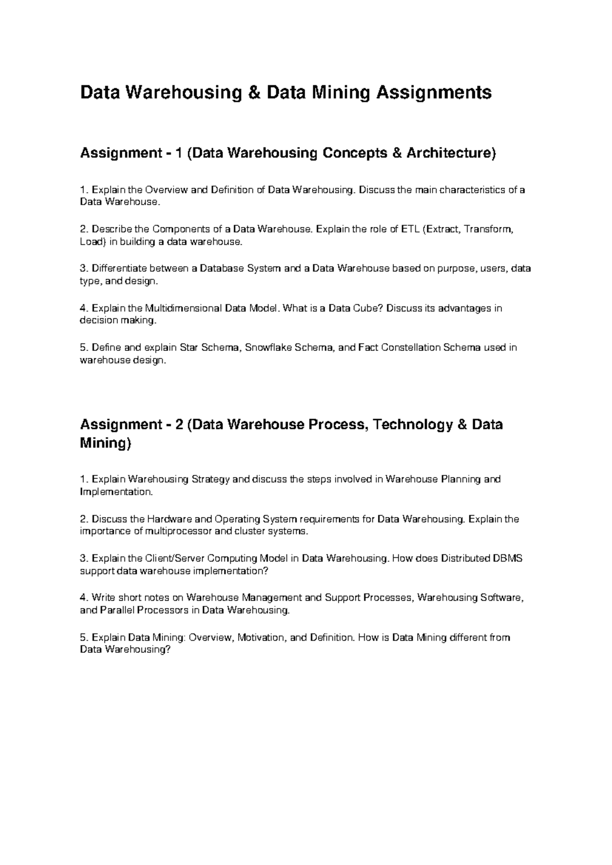 Data Warehousing & Data Mining Assignments (DWDM 101) - Studocu