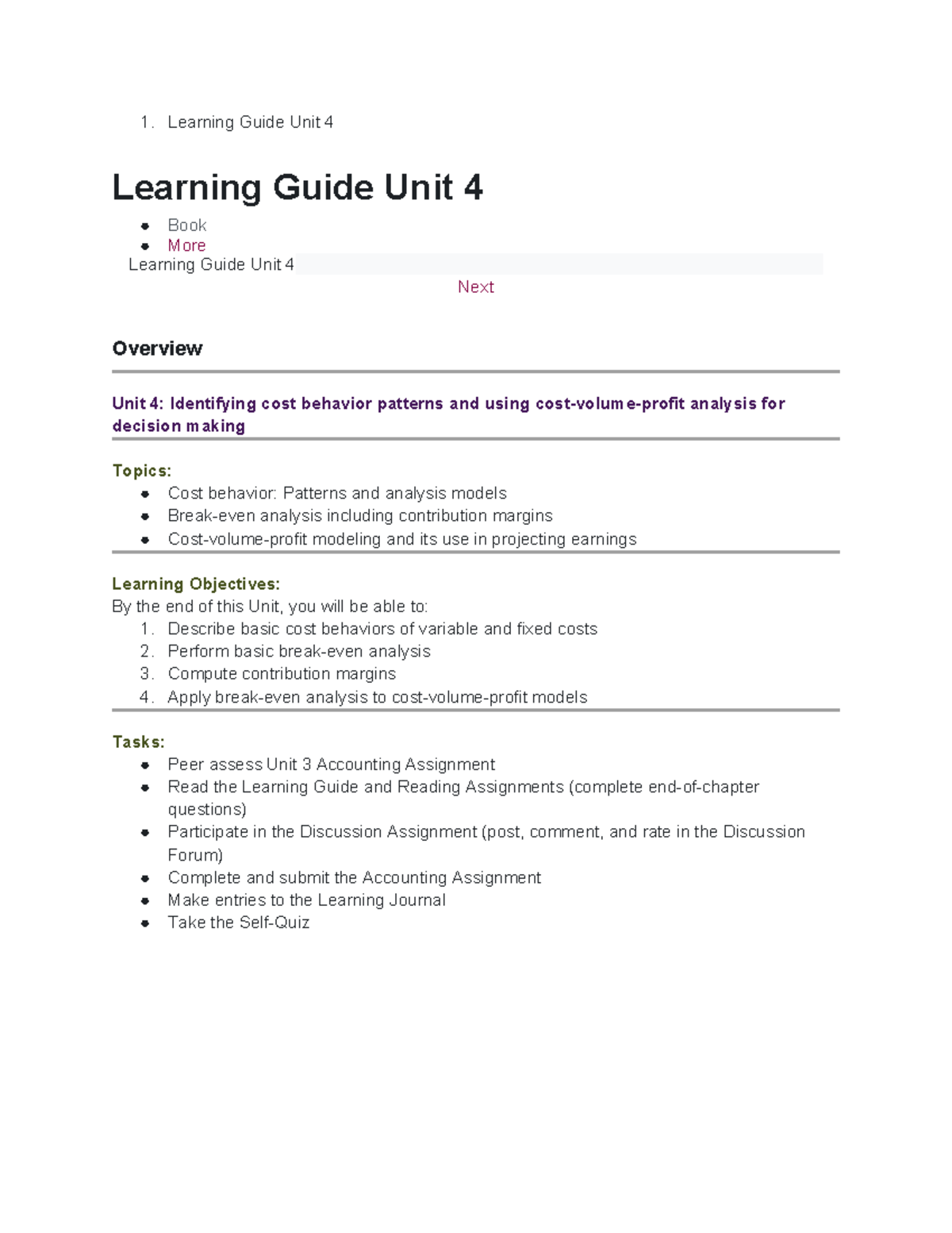 BUS 3304 Unit 4 Learning Guide: Cost Behavior & Analysis Techniques ...