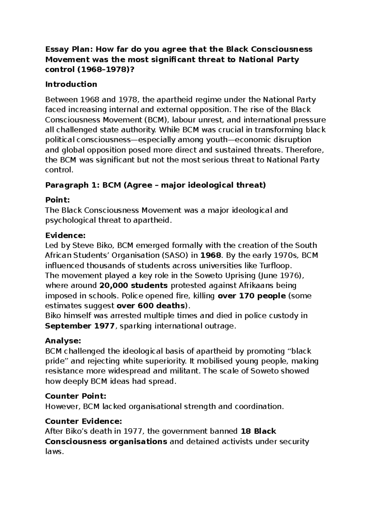 SA BC Essay Plan: Evaluating the Threat of the Black Consciousness ...