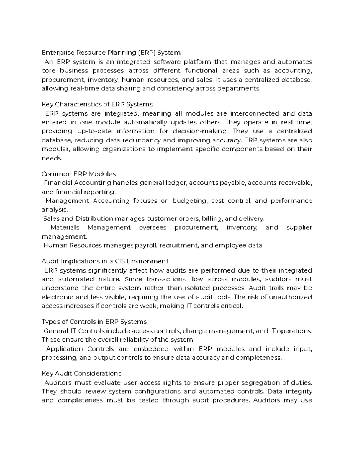 ERP System Overview and Audit Implications - Studocu