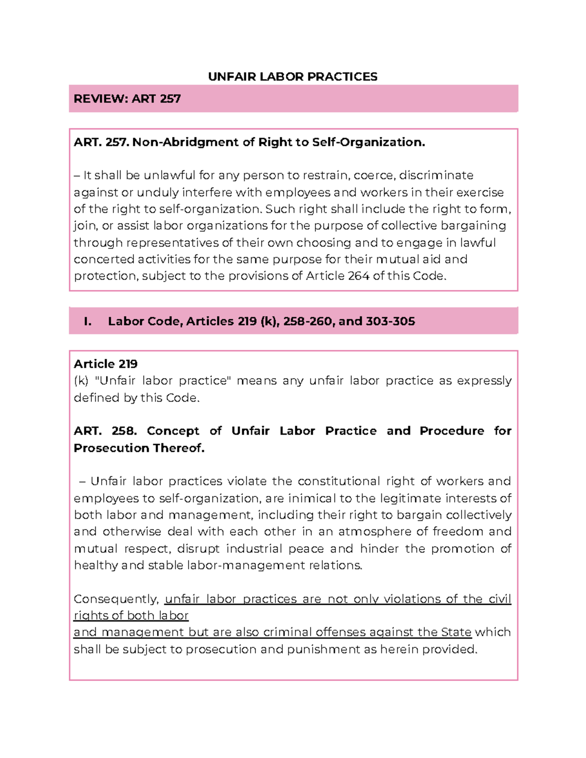 Unfair Labor Practices Review: Insights on Articles 257-281 - Studocu