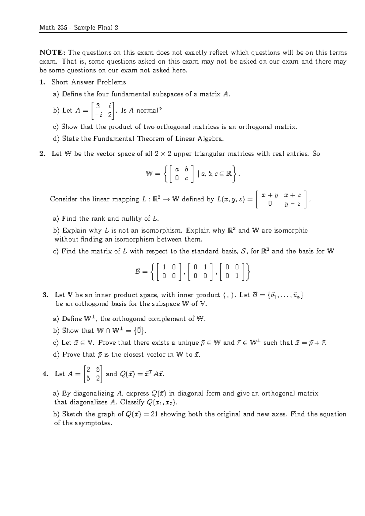 235 sample final 2 - Math 235 - Sample Final 2 NOTE: The questions on ...