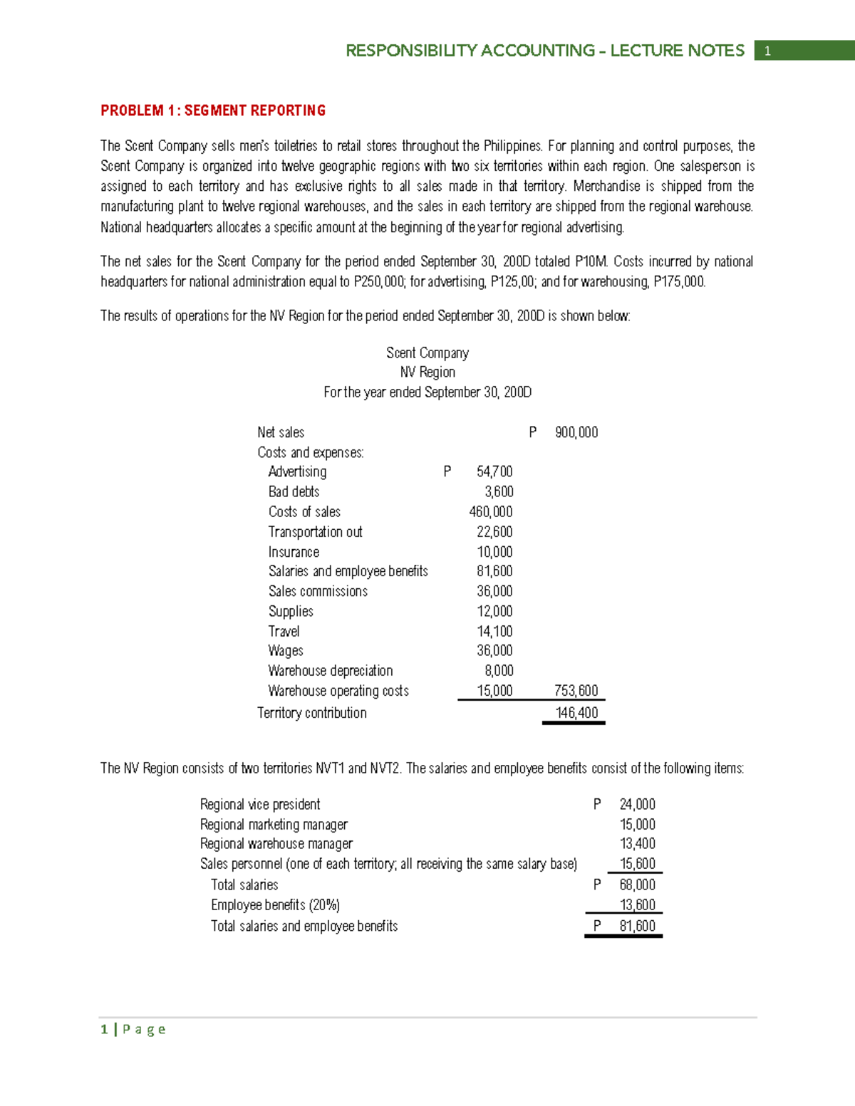 Responsibility Accounting Lecture Notes: Segment Reporting ...