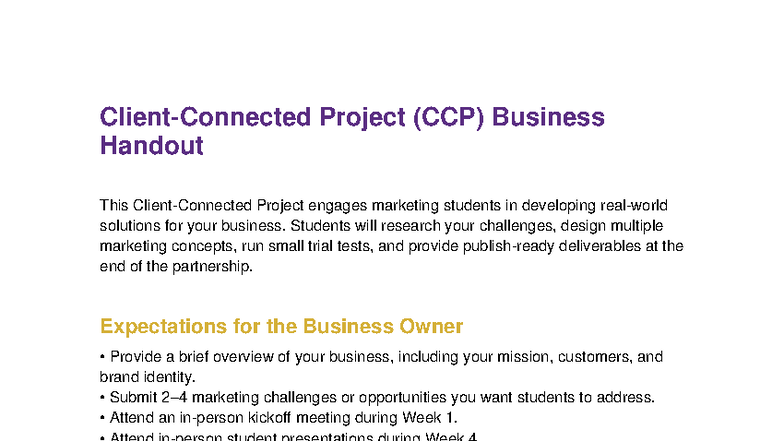 CCP Business Handout: Marketing Project Overview and Expectations - Studocu