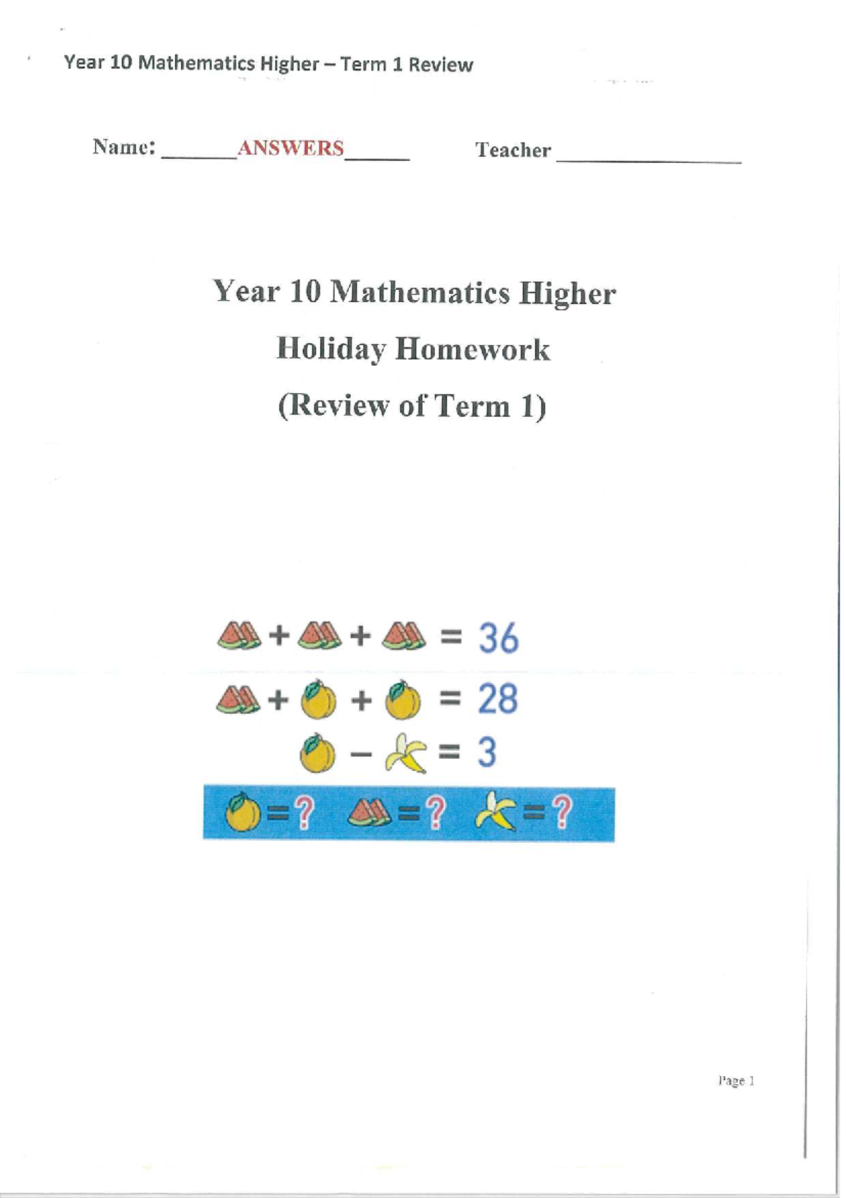 Year 10 Mathematics Higher Term 1 Holiday Homework Answers - Studocu