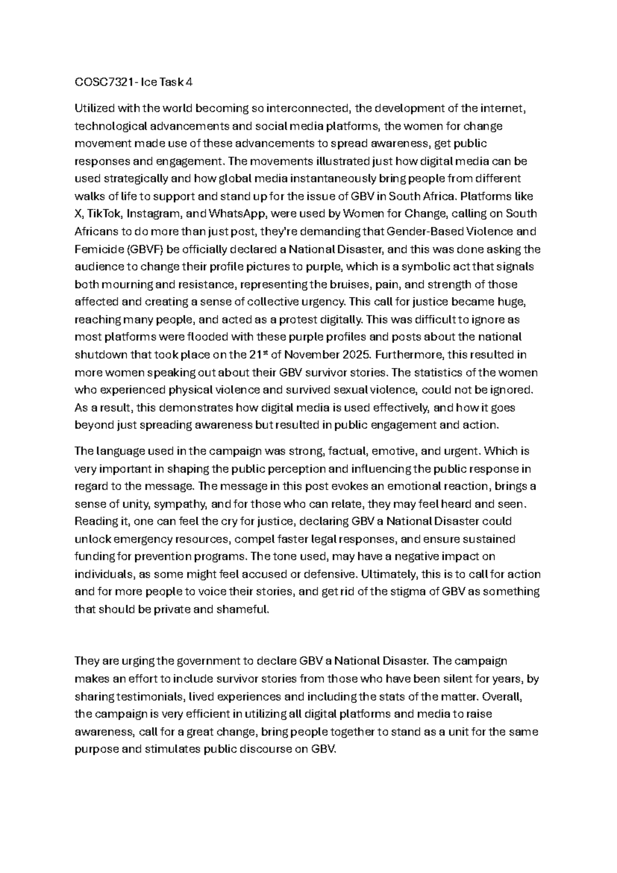 COSC7321 - ICE Task 4: Digital Media's Role in GBV Awareness - Studocu