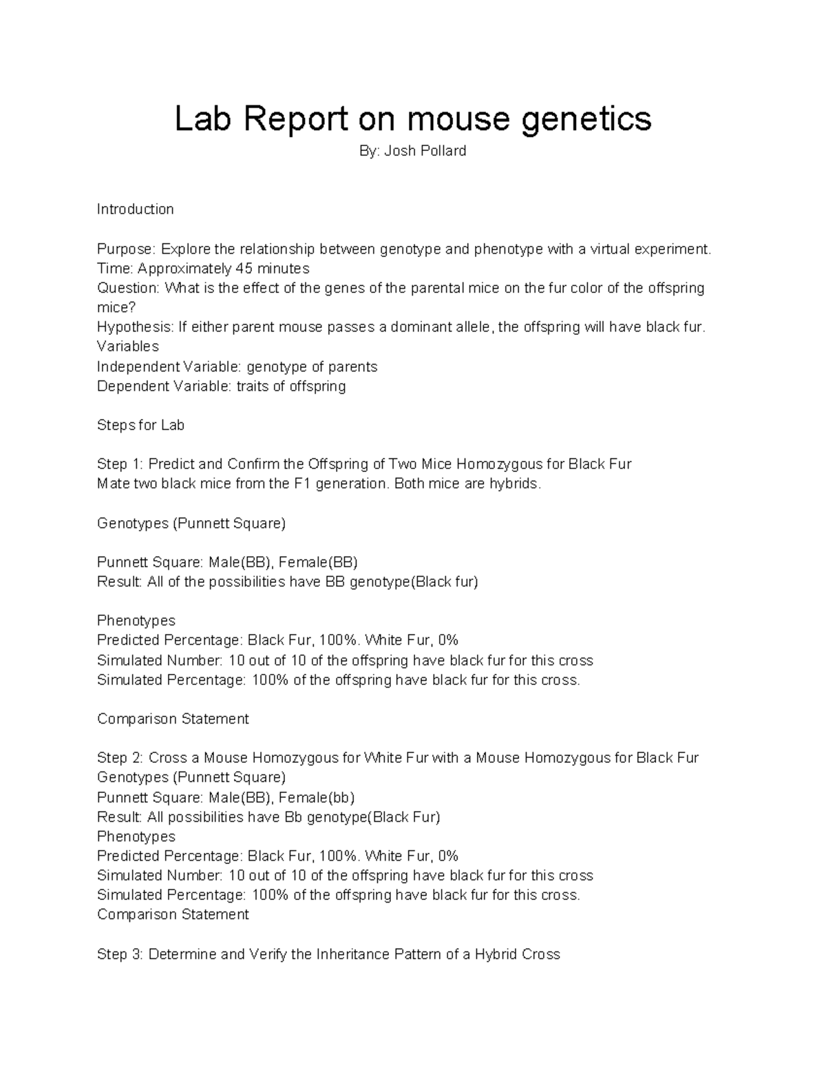 Lab Report - ewr - Lab Report on mouse genetics By: Josh Pollard ...