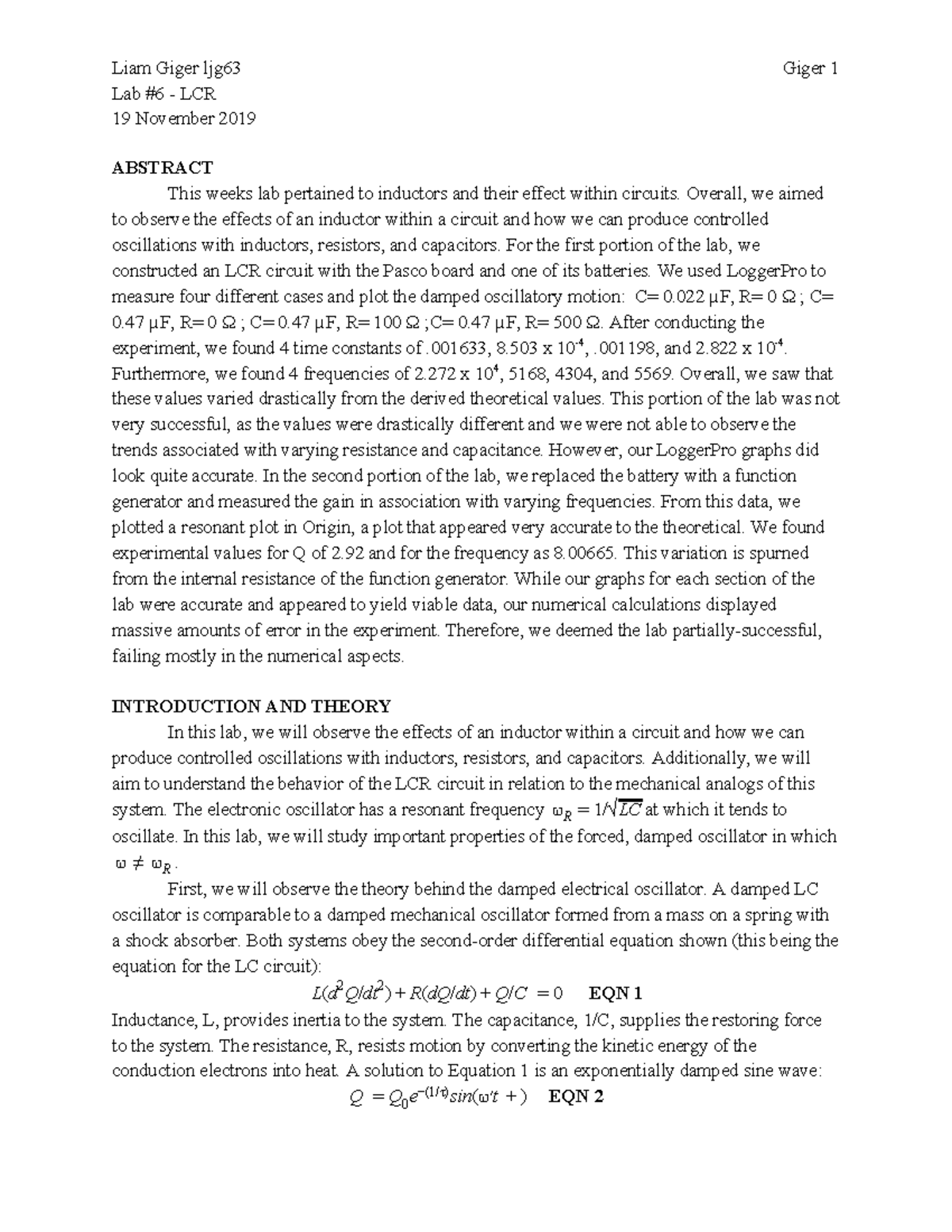 LAB 6 WEPA - LCR Circuit Analysis and Observations Report - Studocu