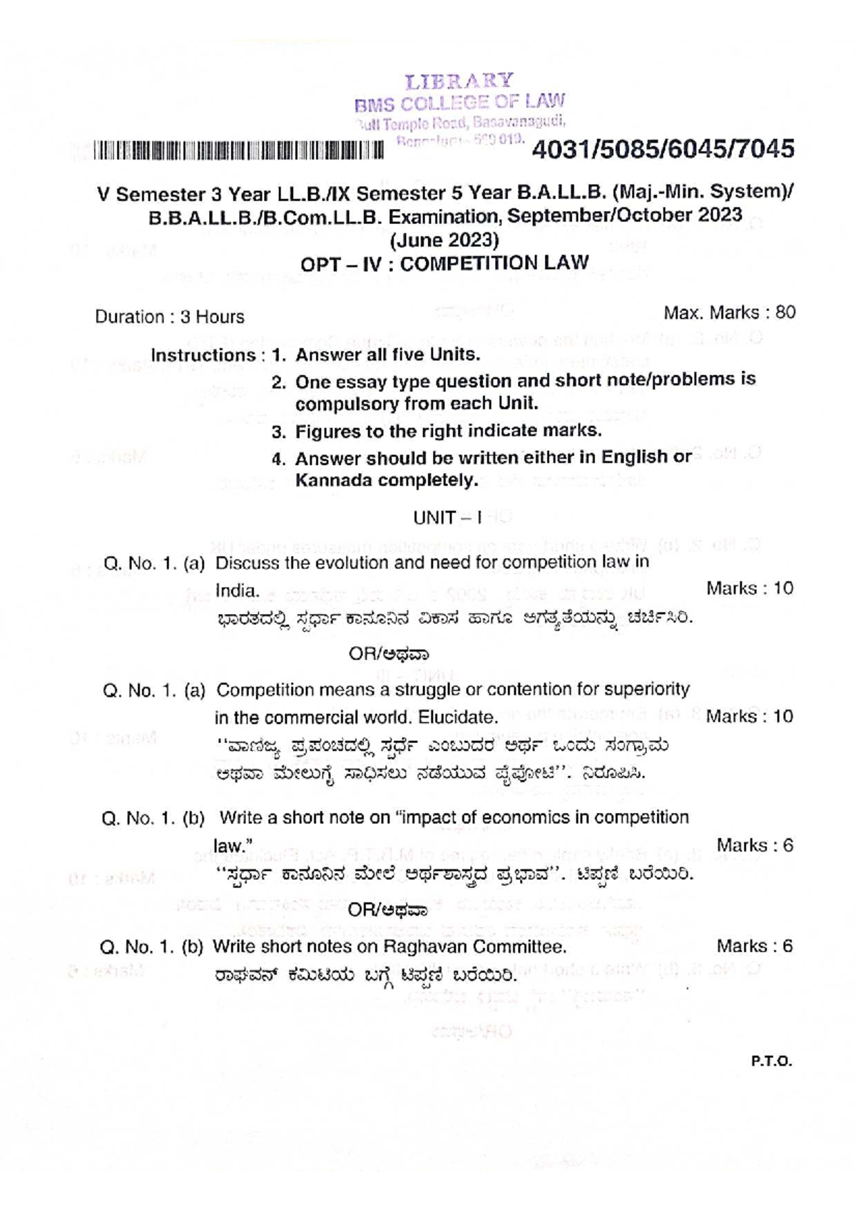 B.A.LL.B. V Sem Exam 2023: Competition Law Question Paper - Studocu
