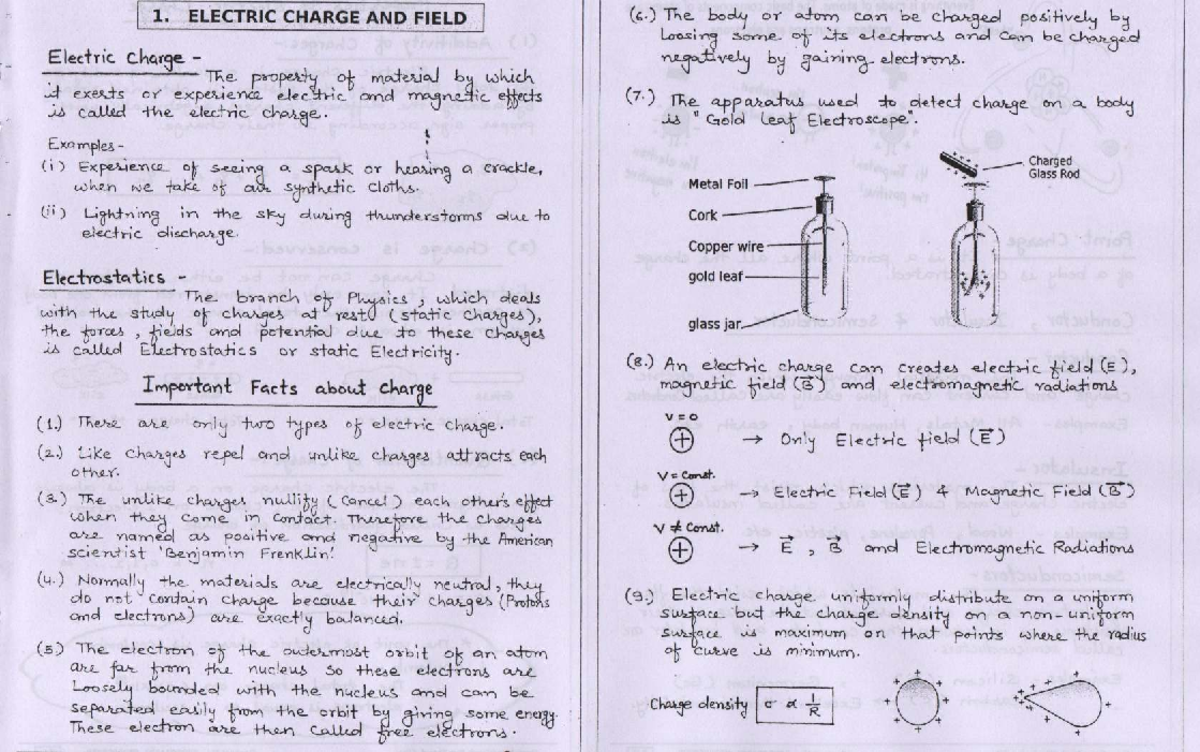 1. PHYSICS 1 - CHAPTER 1: ELECTRIC CHARGE AND FIELD NOTES - Studocu