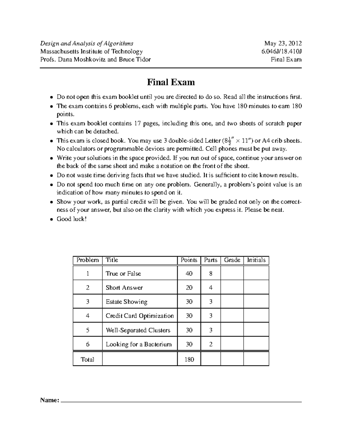 Final Exam - Design and Analysis of Algorithms (6.046J) - Studocu