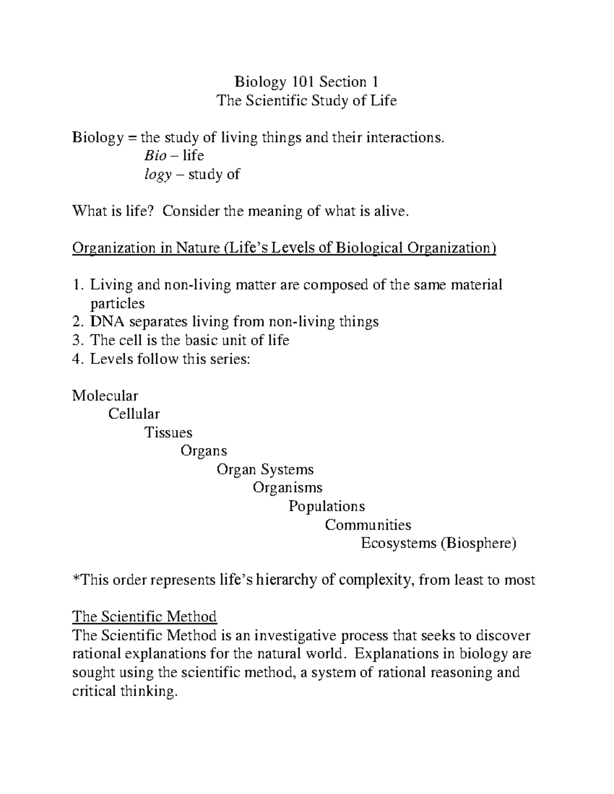 Biology 101 Section 1: Essential Concepts of Life & Evolution - Studocu