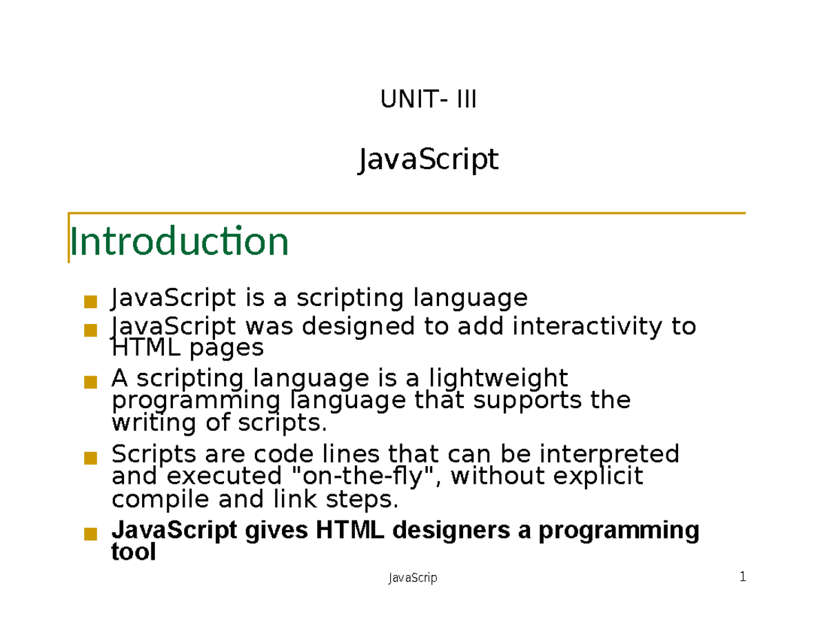 Web Technology UNIT 3: Introduction to JavaScript Concepts - Studocu