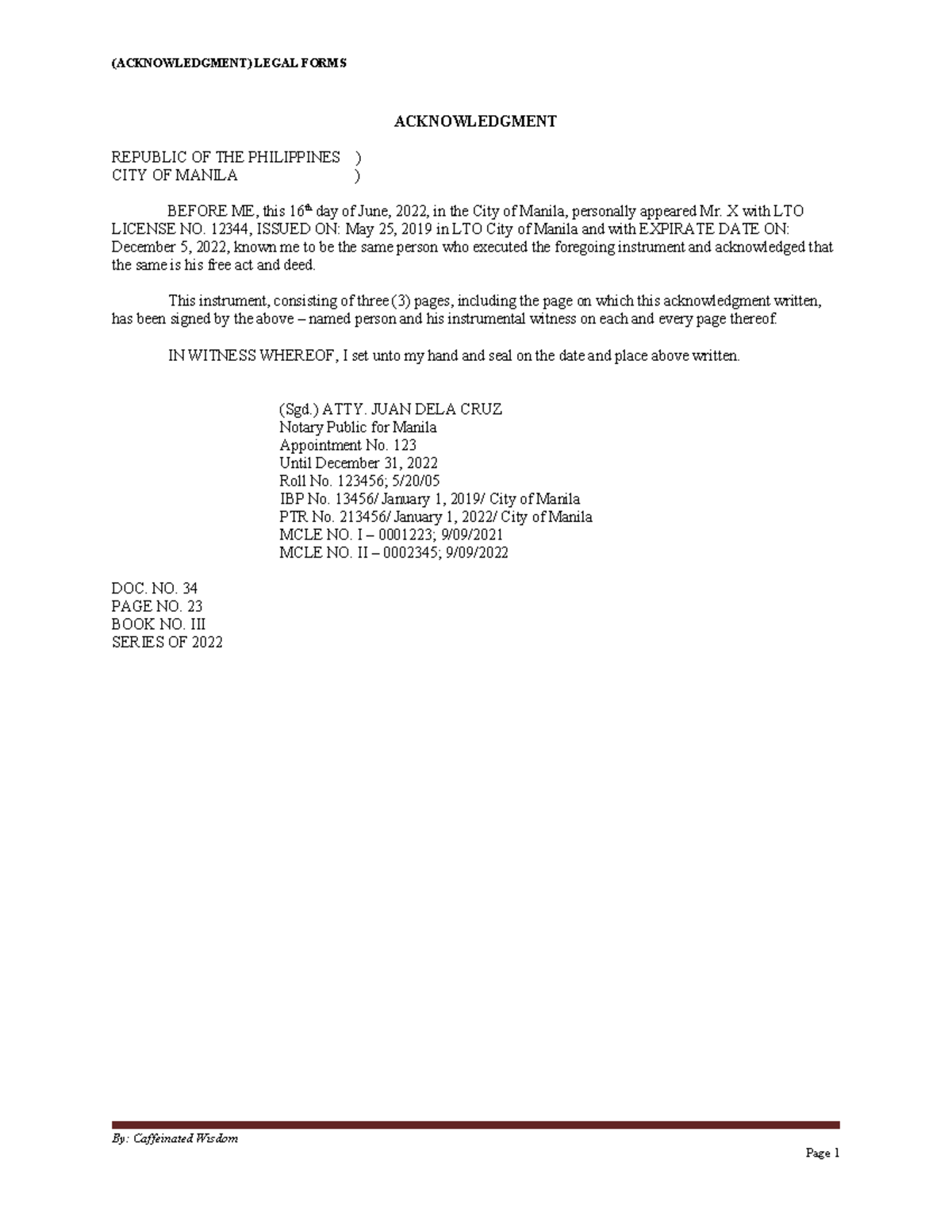 Acknowledgment Form for Legal Purposes in the Philippines - Studocu