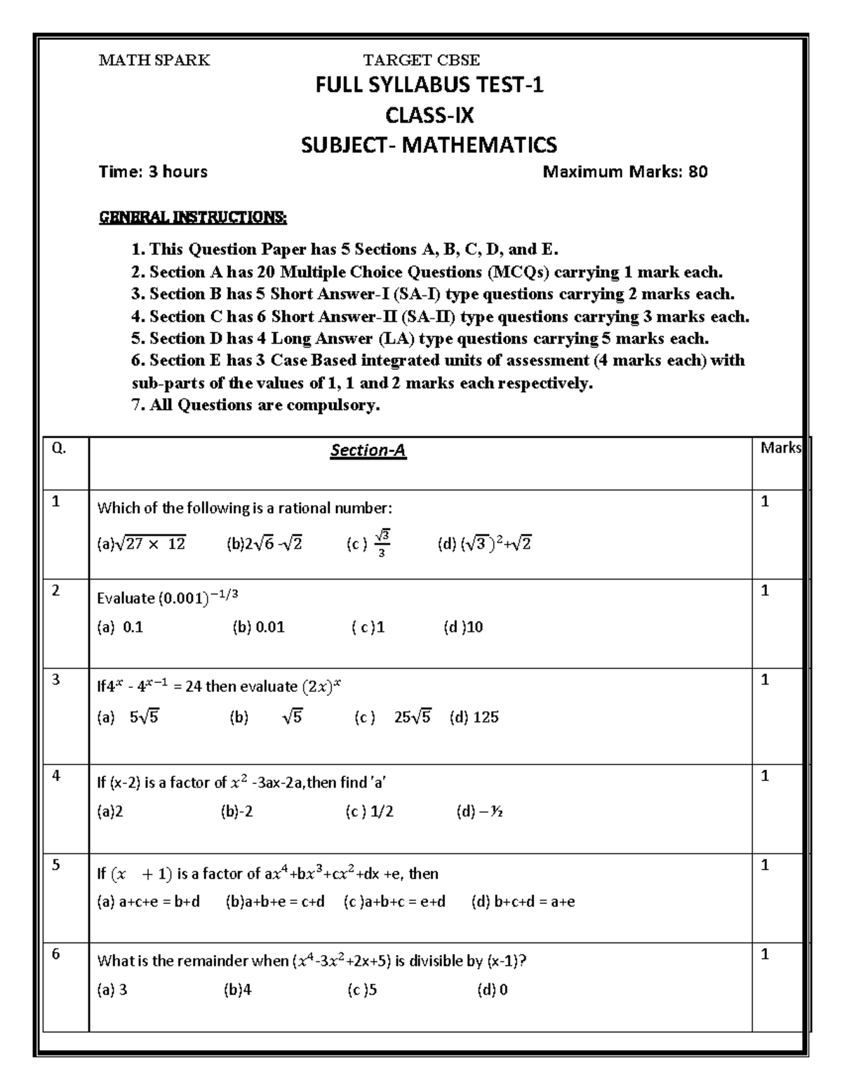 IX MATHS TARGET CBSE FULL SYLLABUS TEST-1 - Studocu