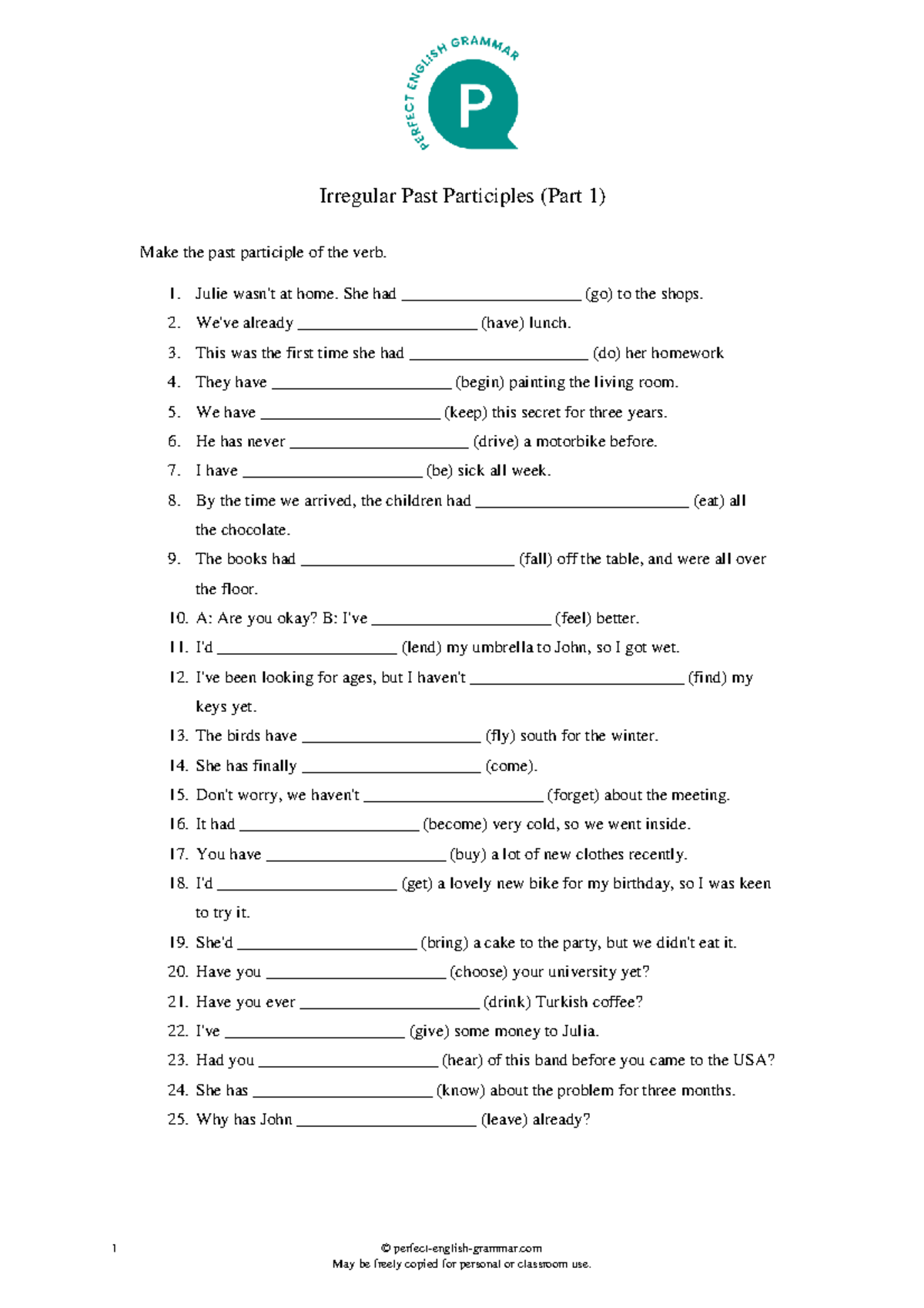 Irregular Past Participles (Part 1) - 50 Verbs Practice - Studocu