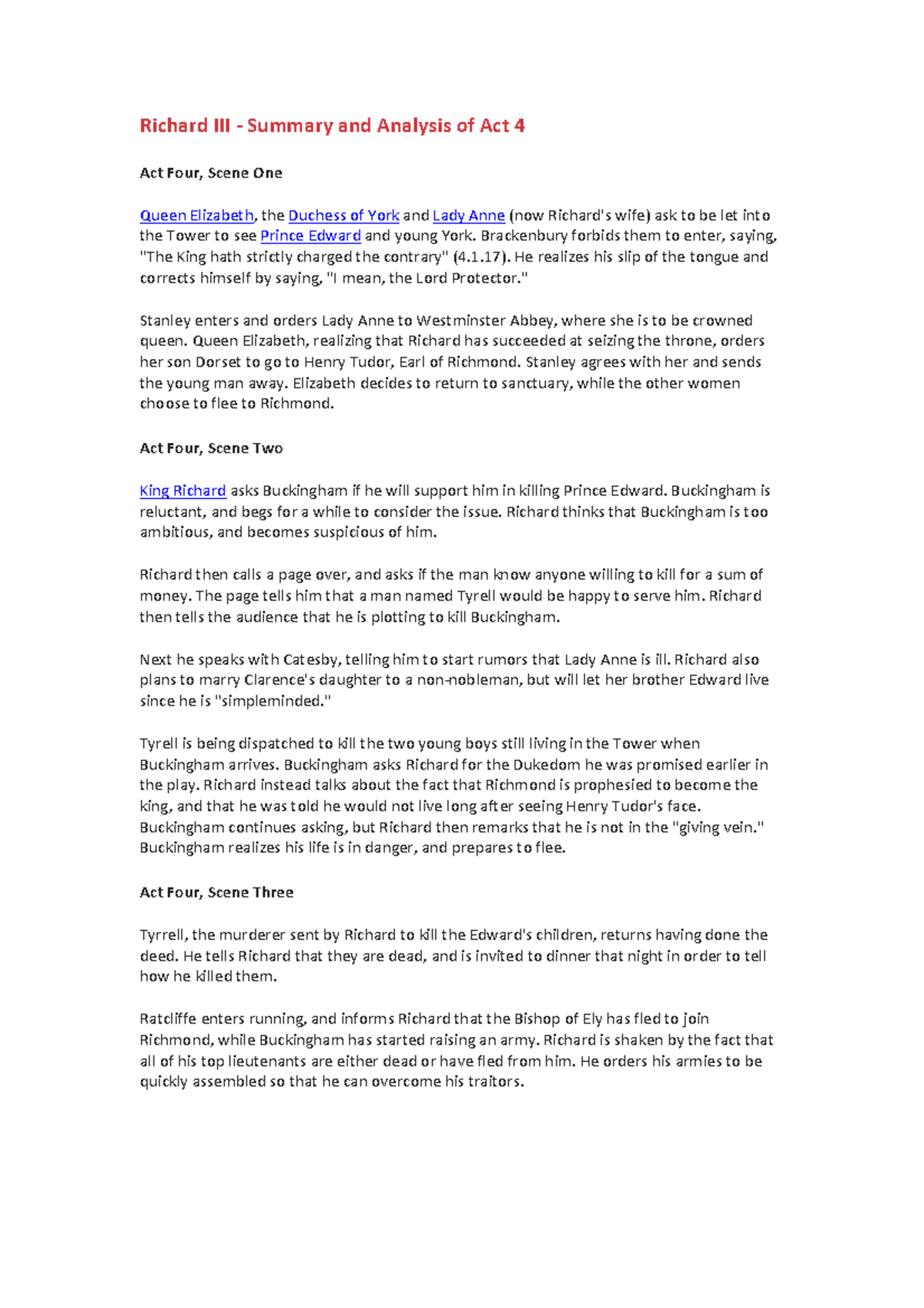 Richard III - Summary & Analysis of Act 4 (Scenes 1-5) - Studocu
