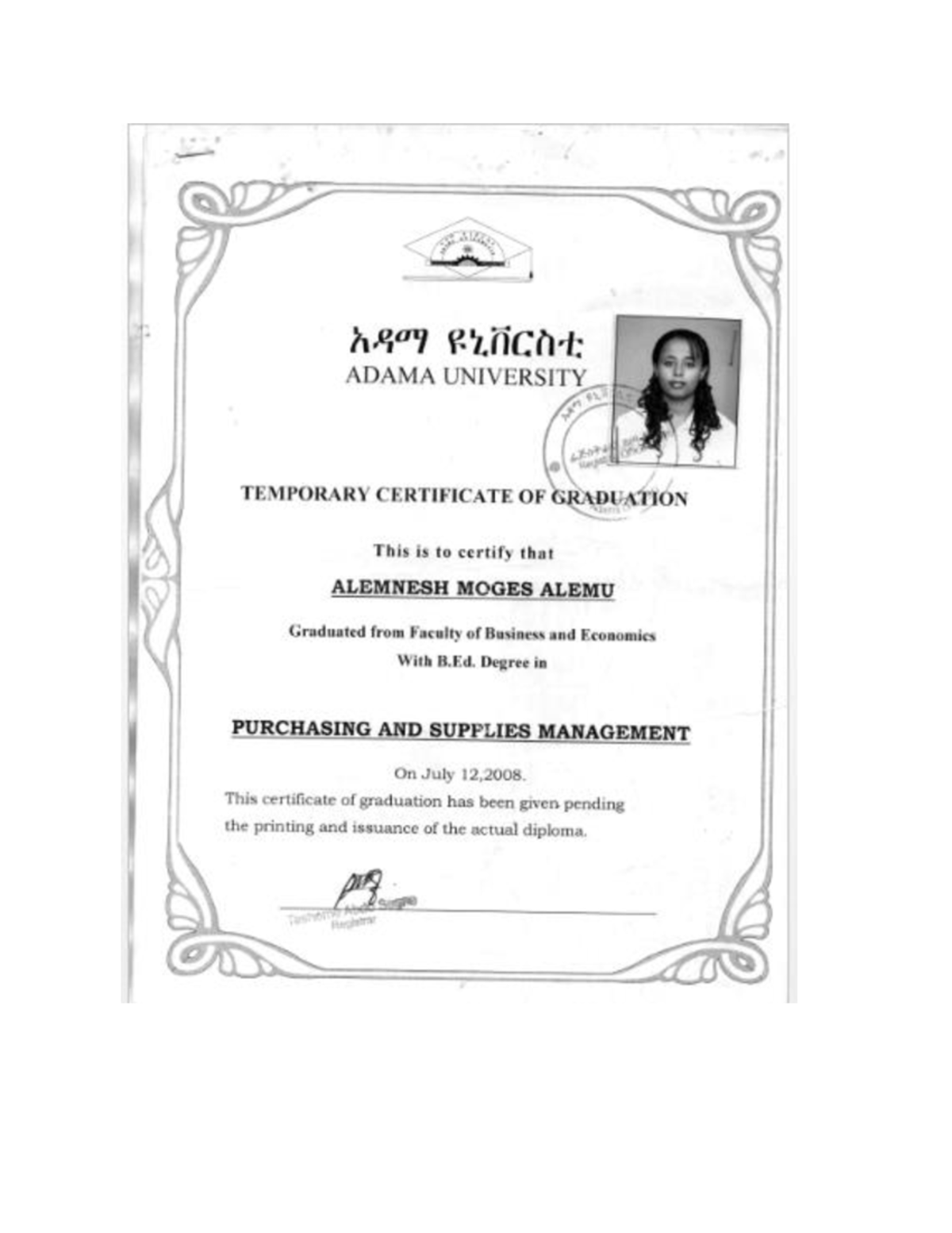 ADAMA UNIVERSITY Graduation Confirmation for Alemnesh Moges Alemu - Studocu