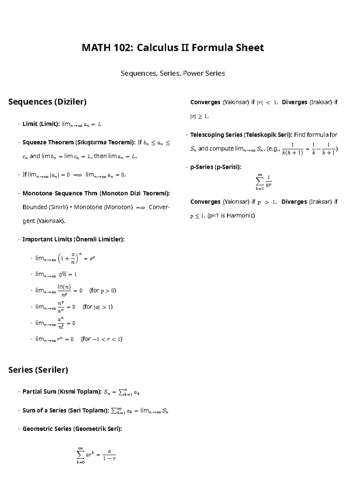 MATH 102: Calculus II Final Exam Formula Sheet on Sequences & Series ...