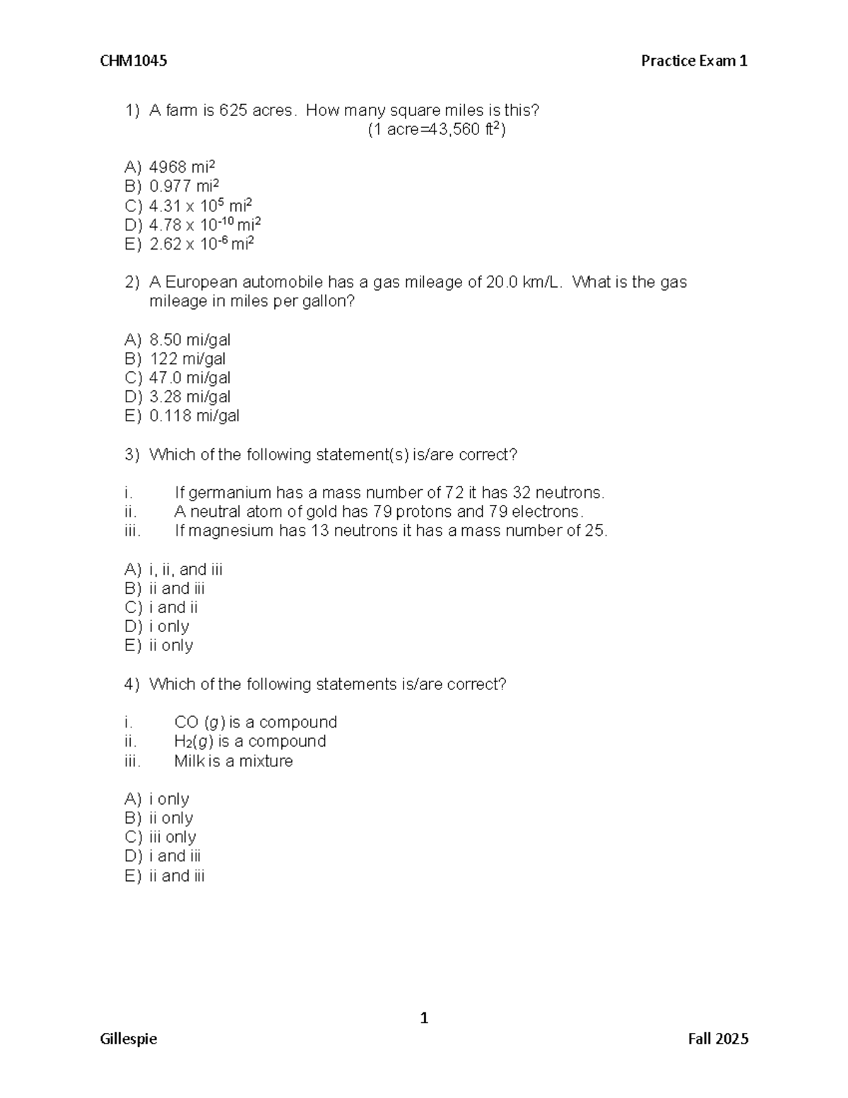 CHM1045 Fall 2025 Practice Exam 1 Review and Solutions - Studocu