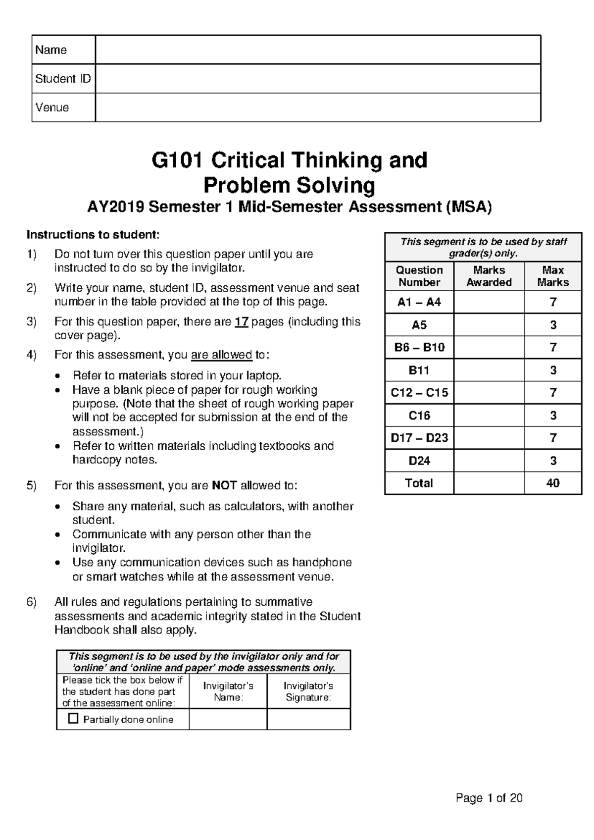 Critical Thinking Exam 2019, questions and answers - Name Student ID ...