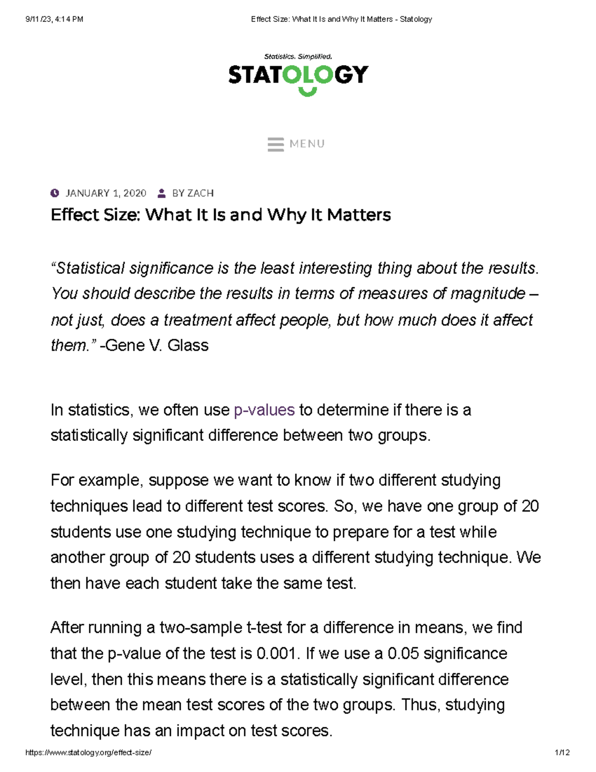 Notes - Effect Size What It Is and Why It Matters - Statology - JANUARY ...