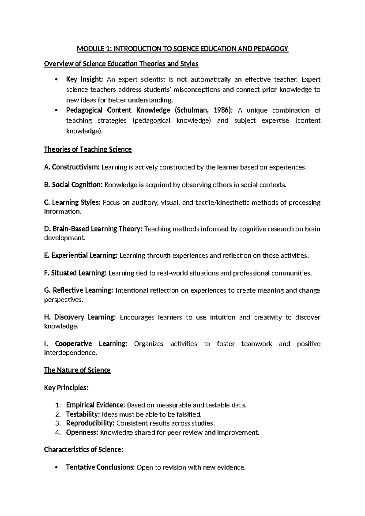 MODULE 1: INTRO TO SCIENCE EDUCATION & PEDAGOGY Overview and Key ...
