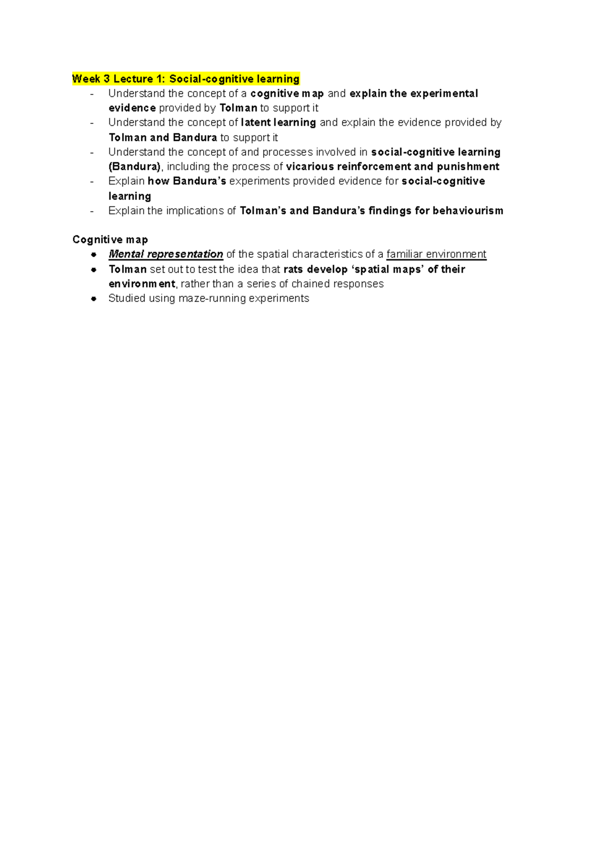 MBB1 Week 3 Lecture Notes: Cognitive Maps, Latent Learning & Memory ...