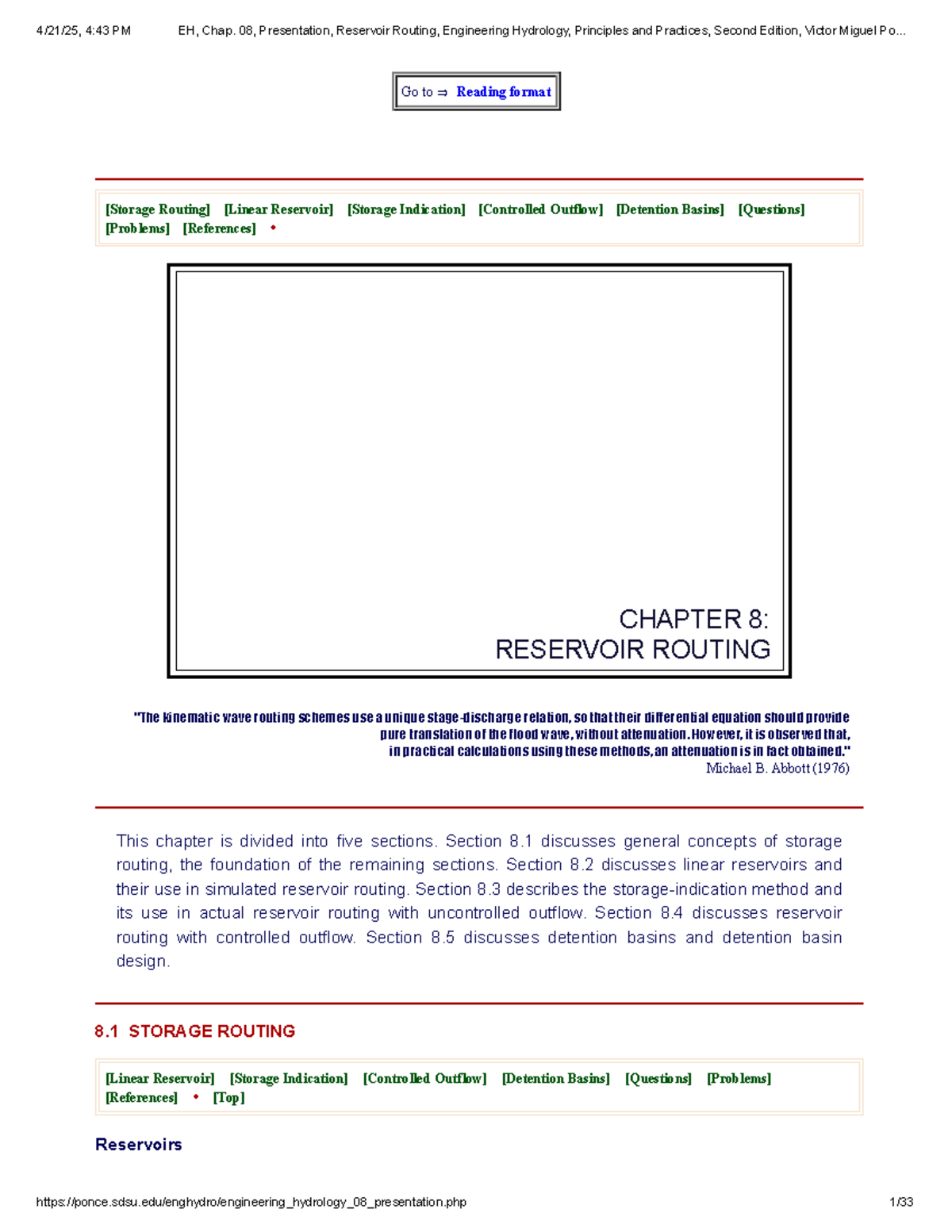 EH 4:43 PM, Chap. 08: Reservoir Routing in Engineering Hydrology - Studocu