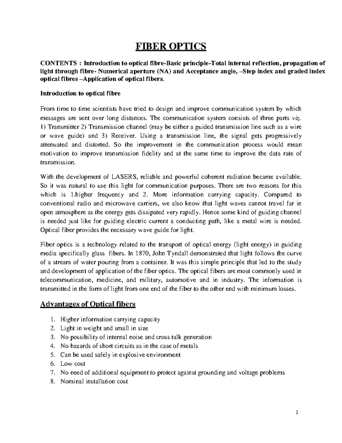 Unit 4.2 Fiber Optics: Principles, Applications, and Advantages - Studocu