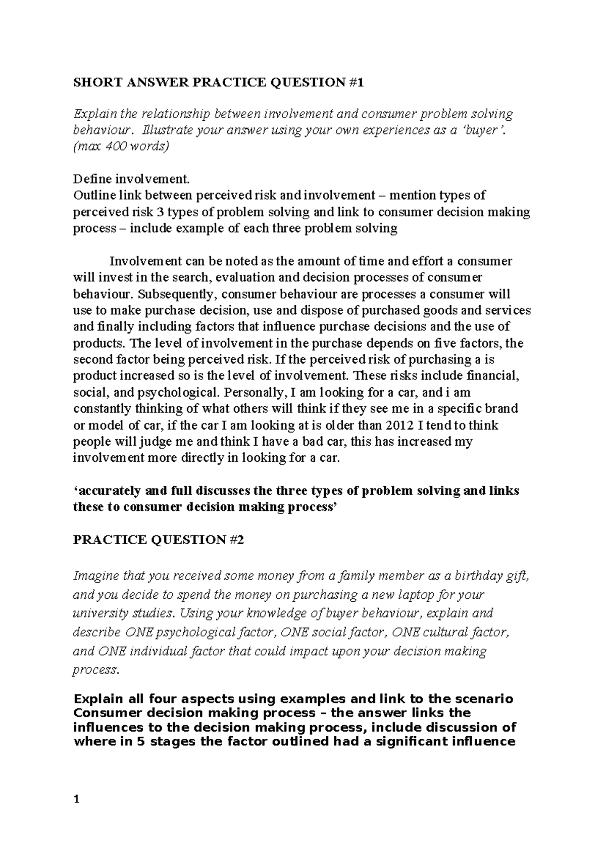 Week 3 Practice Questions: Involvement & Consumer Decision-Making - Studocu