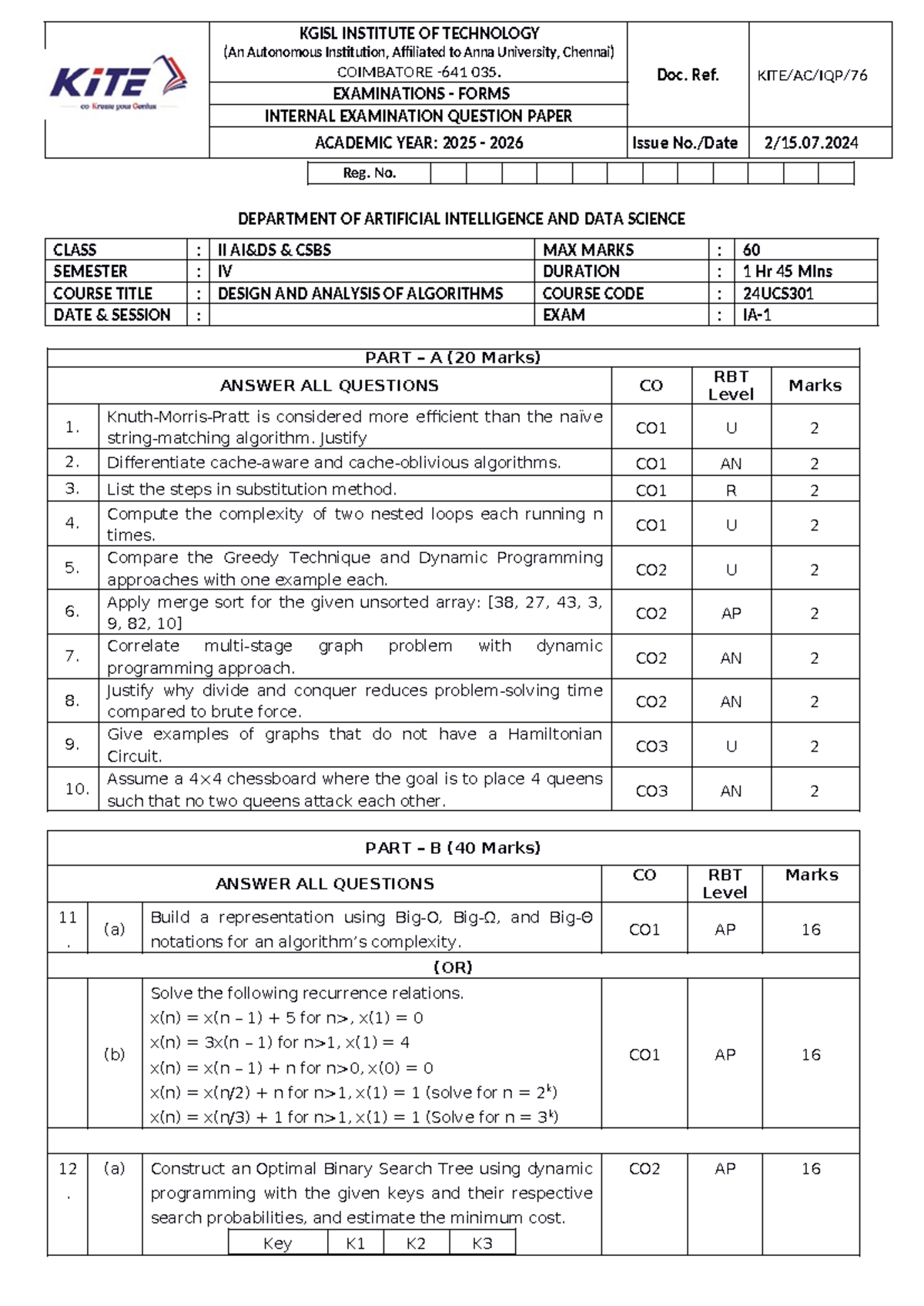 24UCS301 - Internal Exam Question Paper on Design and Analysis of ...
