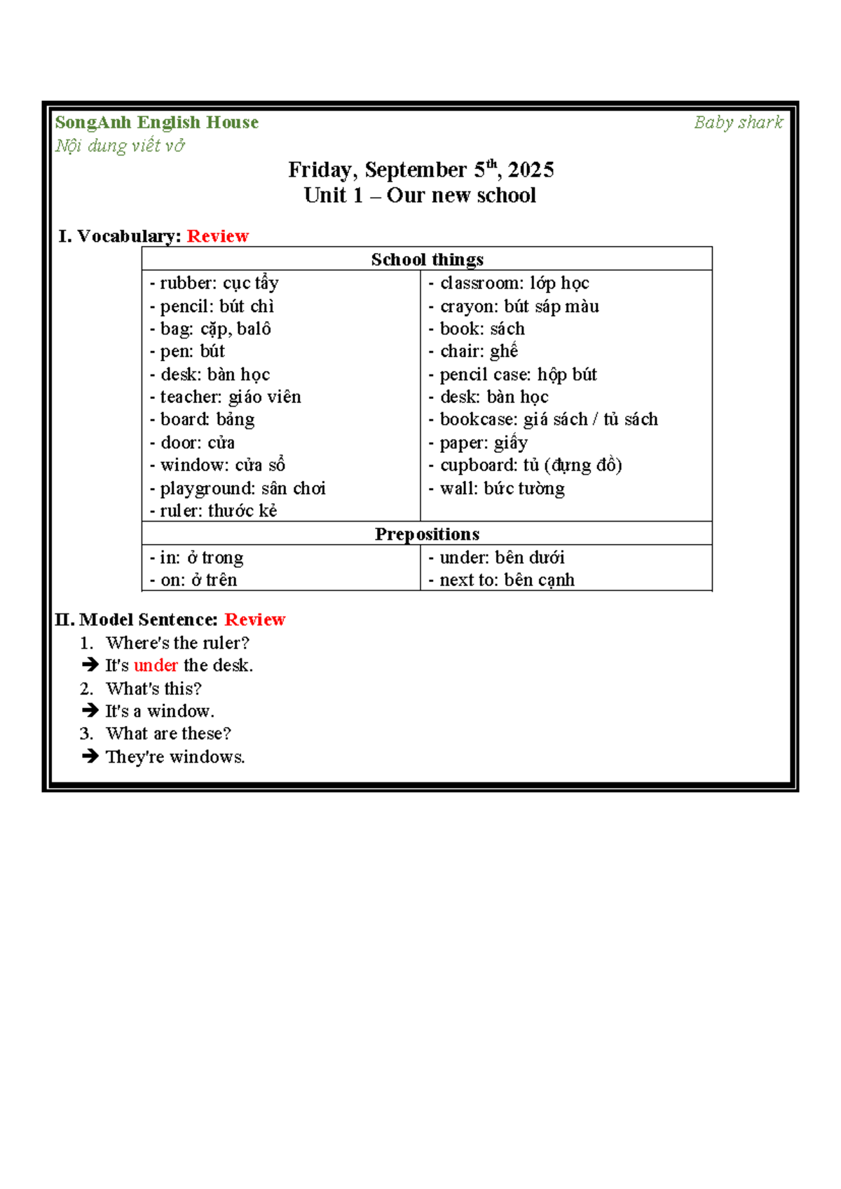 English Vocabulary Review for Unit 1 - Our New School - Studocu