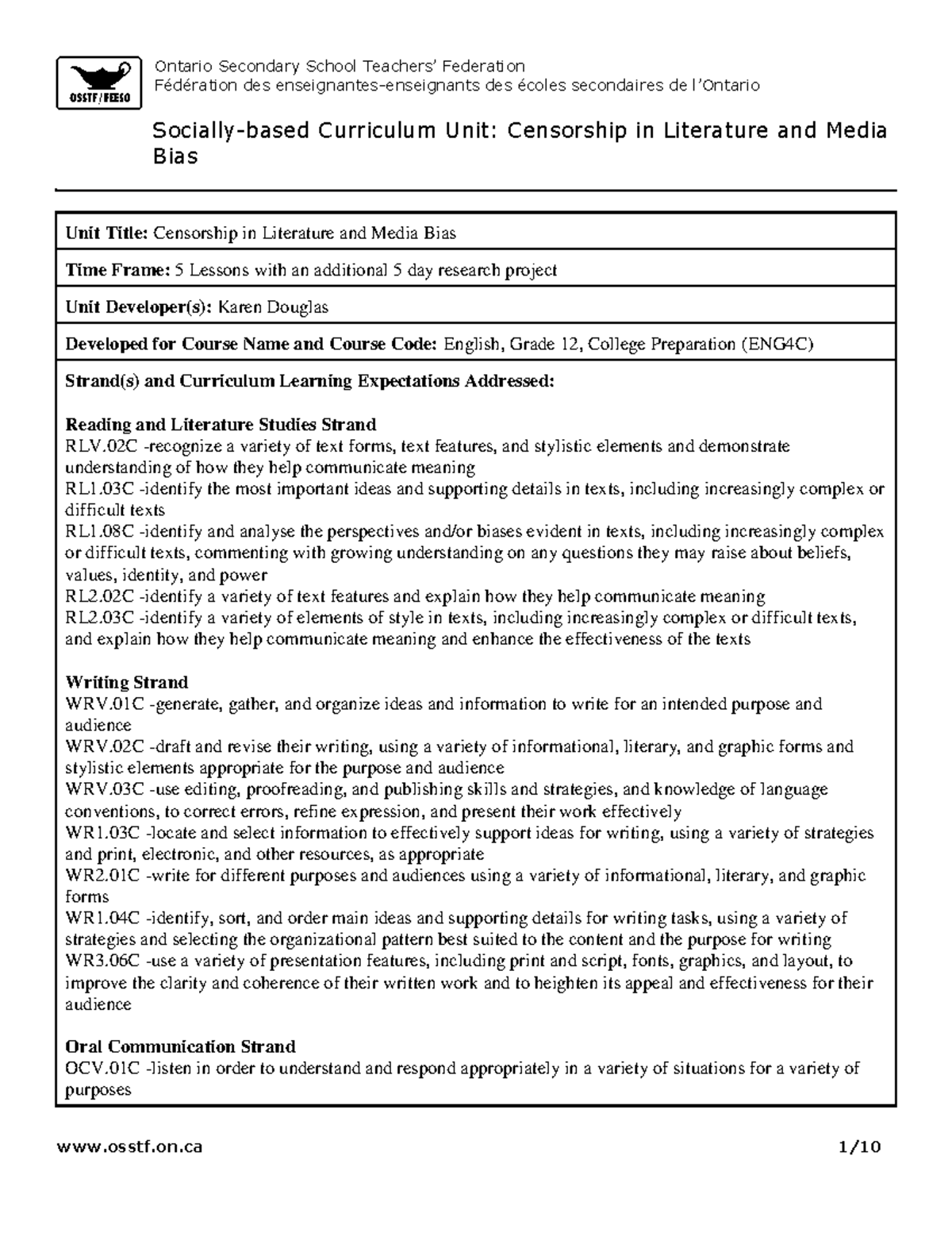 ENG4C Unit Plan: Censorship in Literature & Media Bias - Studocu