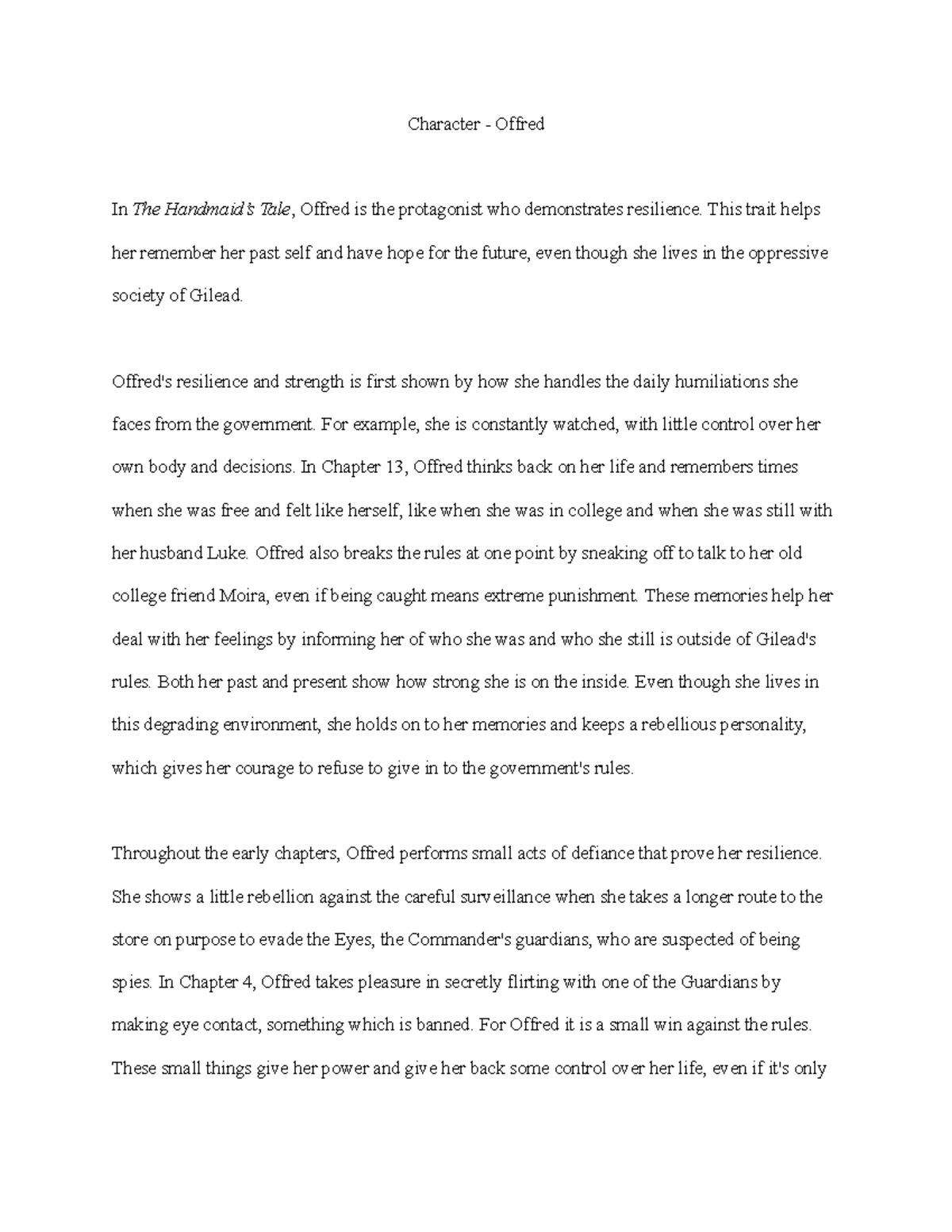 Character Analysis of Offred: Resilience in Gilead (ENG 101) - Studocu