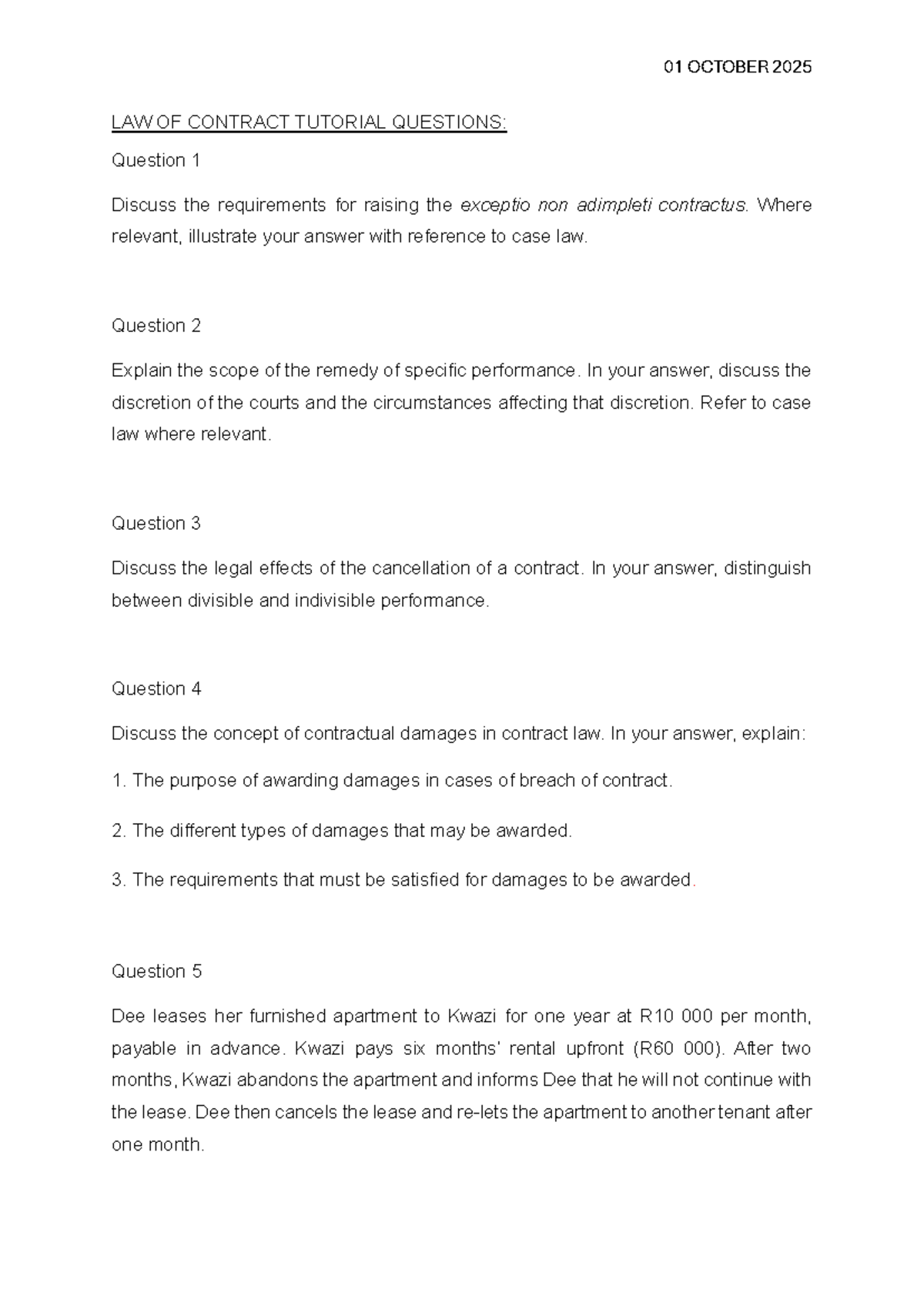 01 OCT 2025 LAW OF CONTRACT TUTORIAL QUESTIONS & CASE ANALYSIS - Studocu