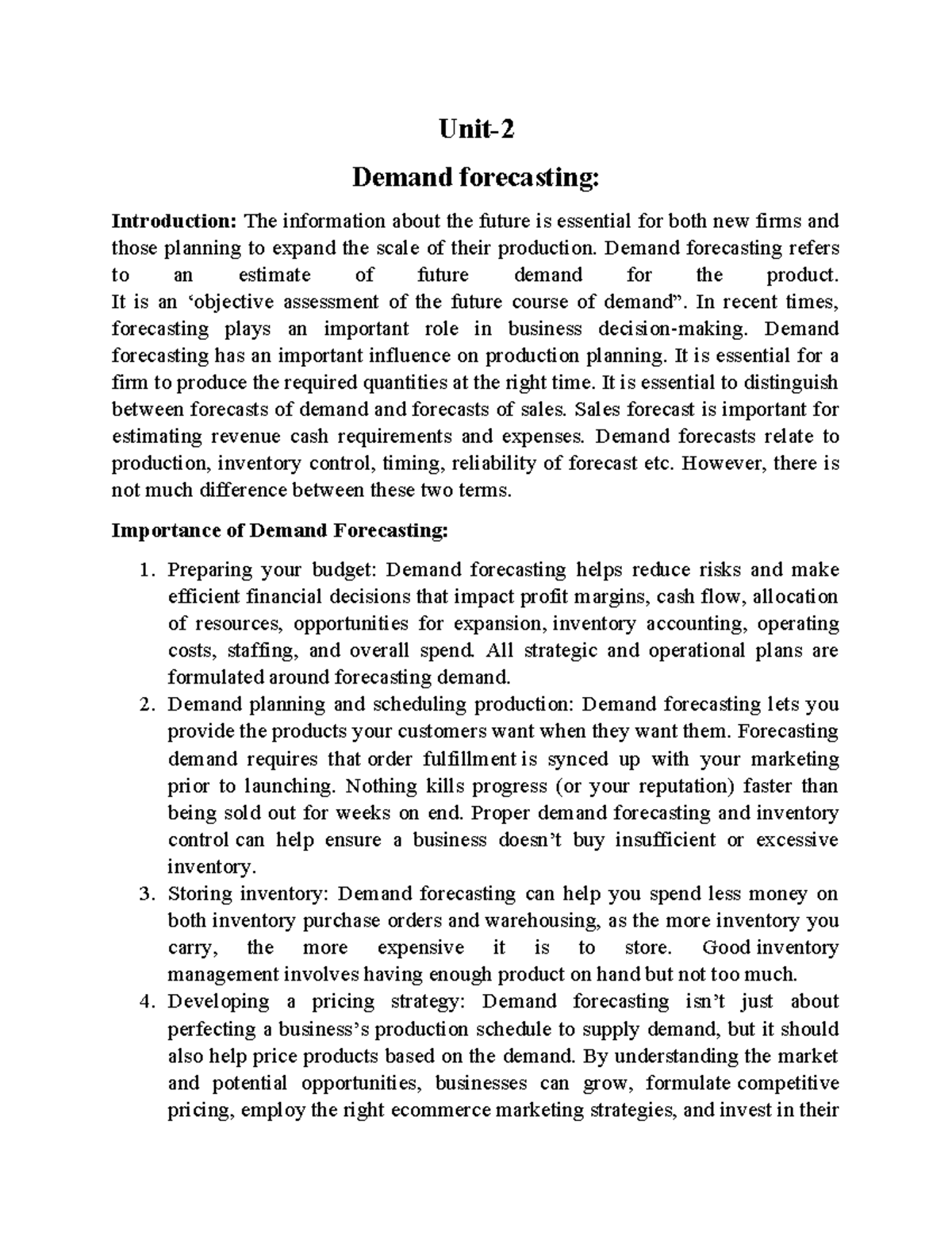 Economics Unit-2 - Unit- Demand forecasting: Introduction: The ...