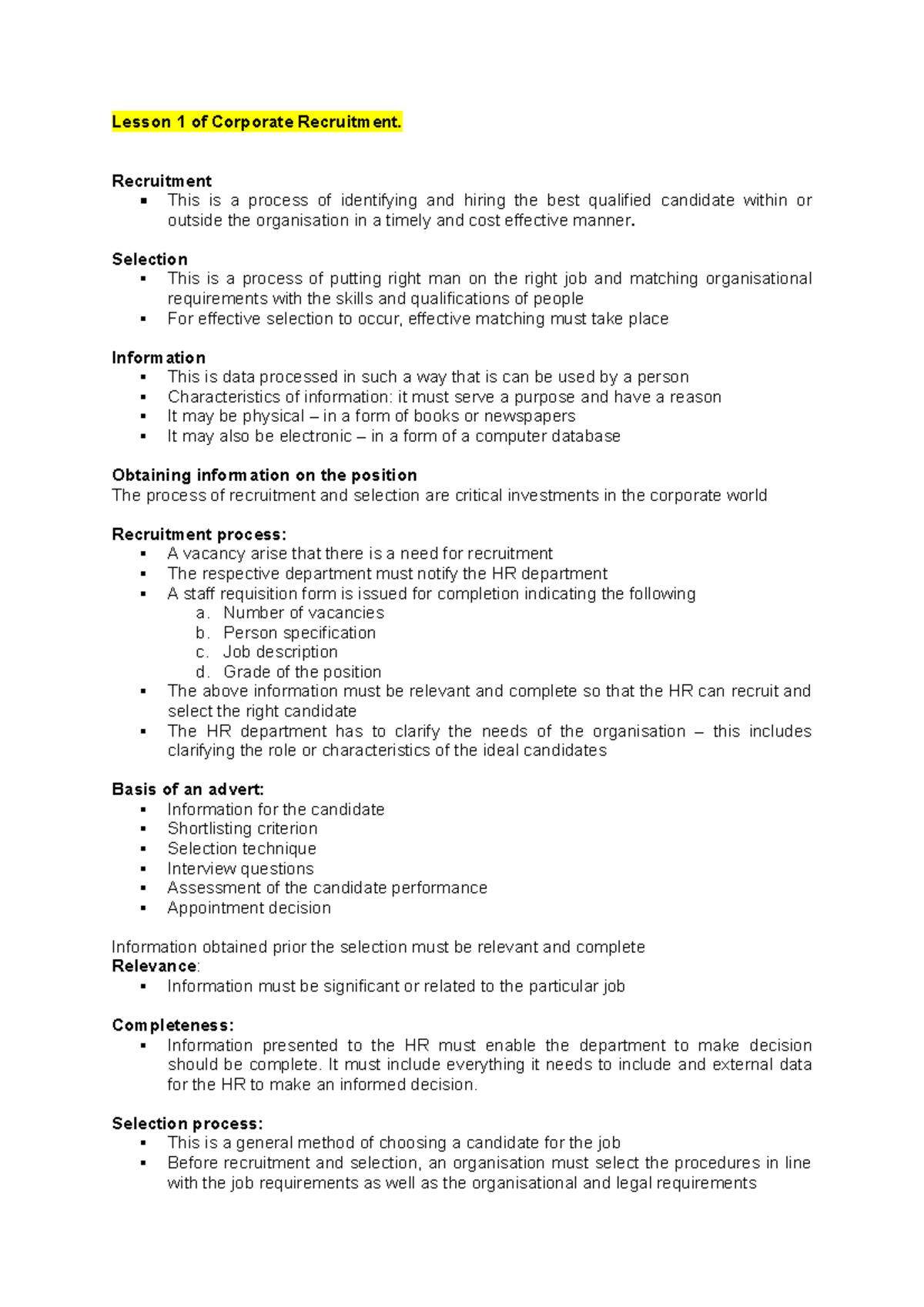 Corporate Recruitment Lesson 1: Keys to Effective Selection Process ...
