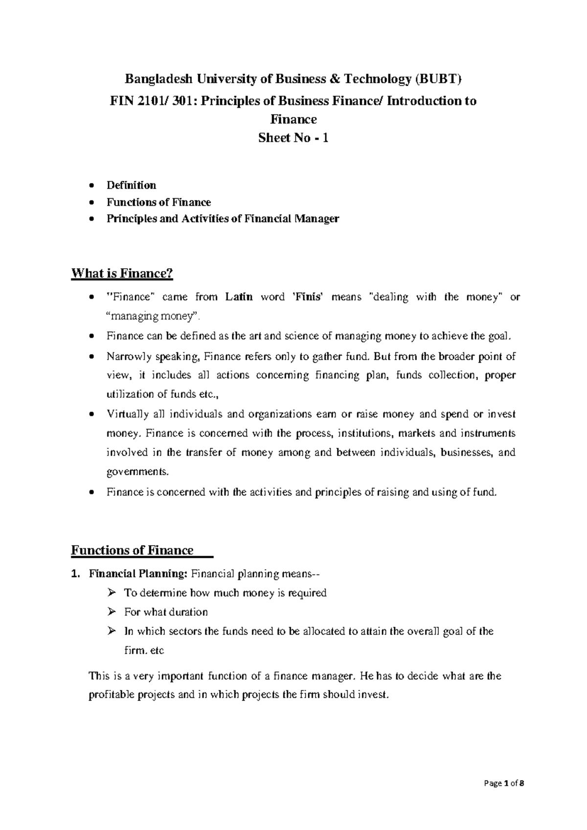 BUBT FIN 301: Lecture 1 - Introduction to Finance Concepts and ...