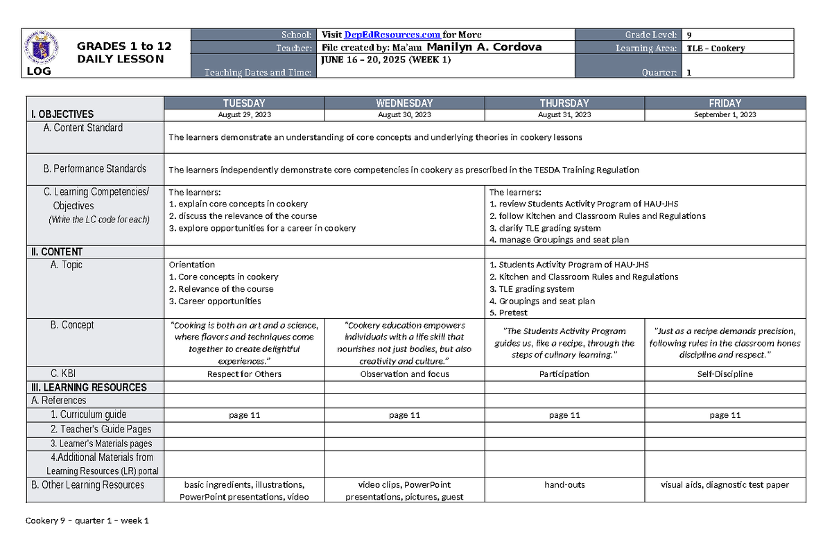 DLL TLE - Cookery 9 Quarter 1 Week 1 Lesson Plan - Studocu