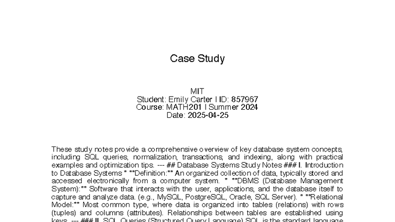 MATH201 Summer 2024: Database Systems Study Notes & SQL Overview - Studocu