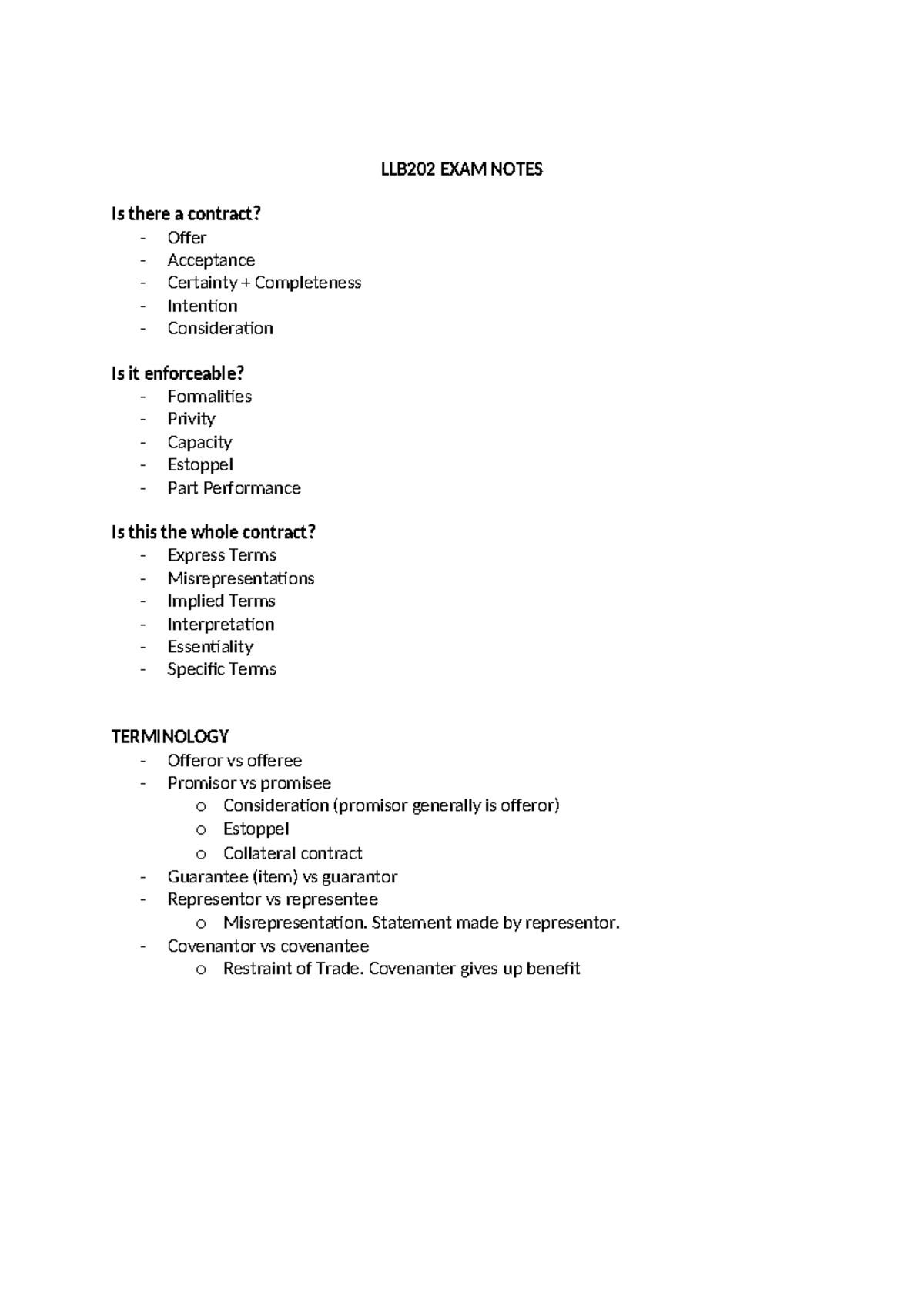 LLB202 Final Exam Notes: Contract Law Essentials and Key Concepts - Studocu